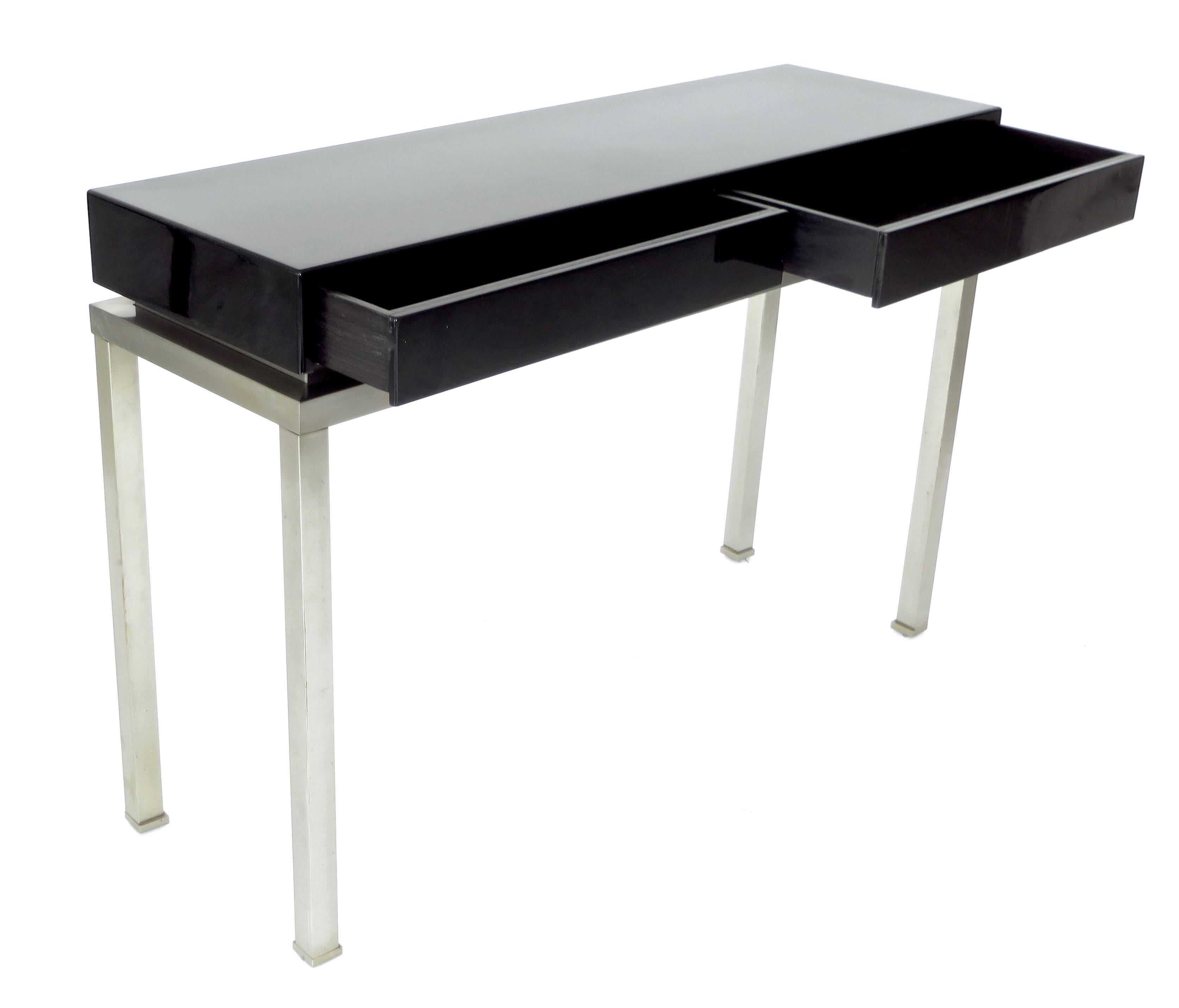  Maison Jansen French Black Lacquer and Brushed Stainless Steel Legs Console 1