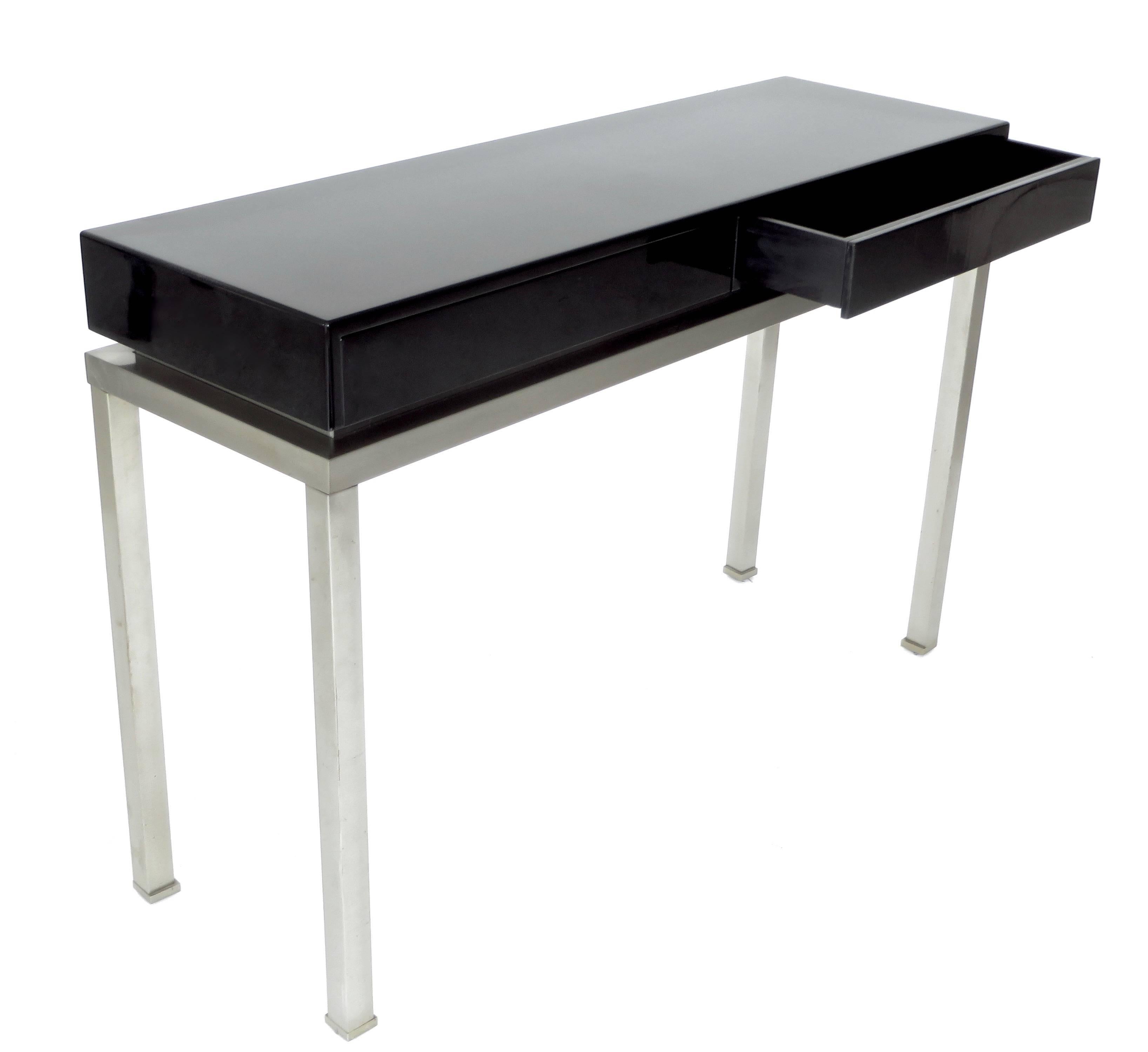 Late 20th Century  Maison Jansen French Black Lacquer and Brushed Stainless Steel Legs Console