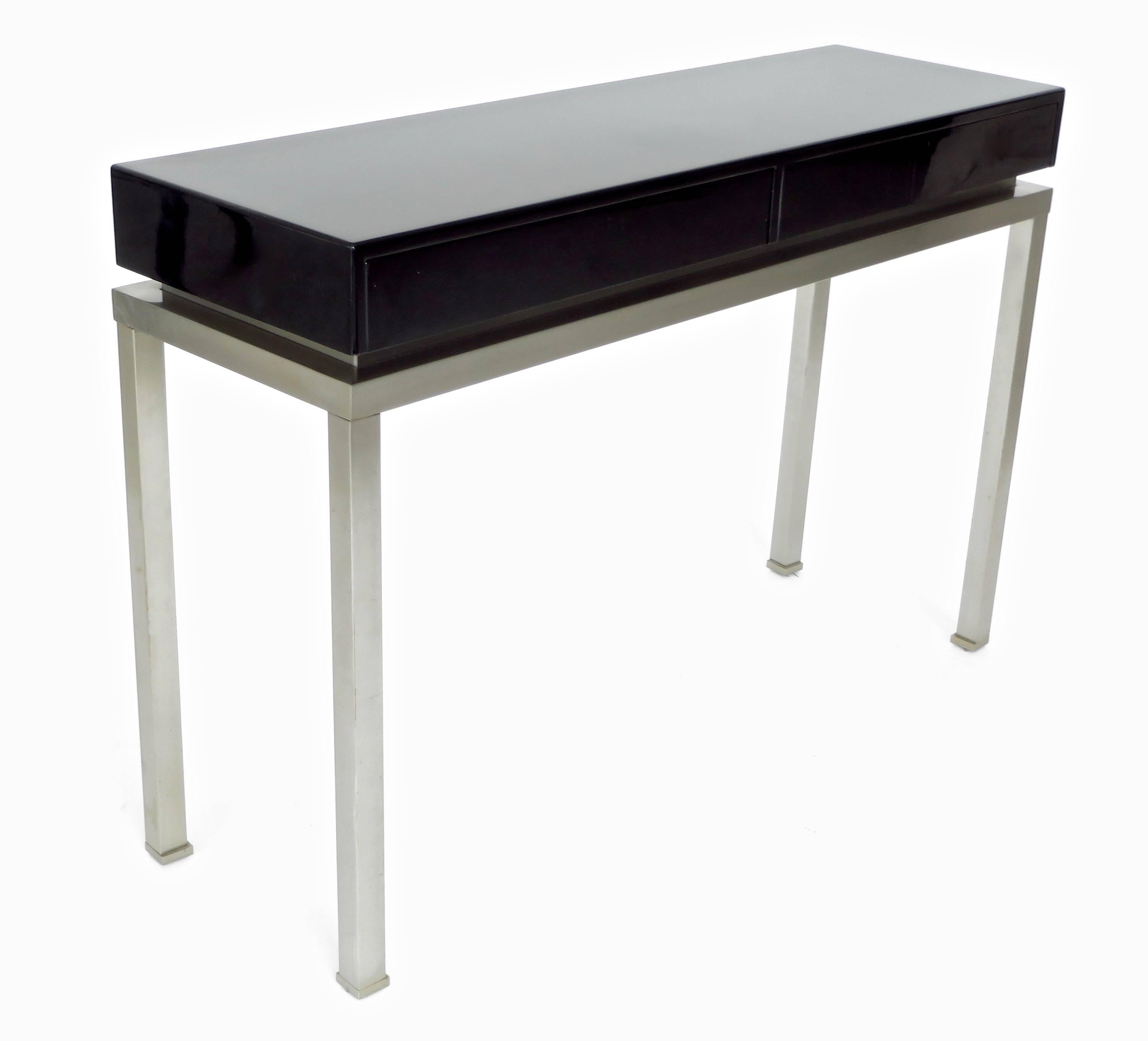  Maison Jansen French Black Lacquer and Brushed Stainless Steel Legs Console In Excellent Condition In Chicago, IL