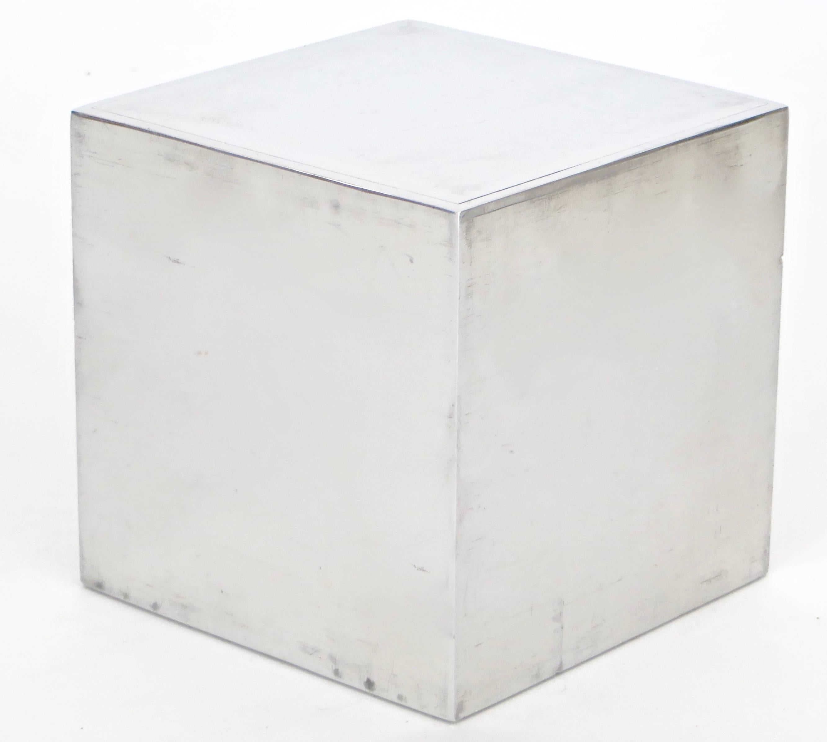 A Design Line nickeled chrome cube sculptural object. 
Design Line was a company created by Bill and Jacqueline Curry in 
El Segundo, California in the 1960s-1970s. 
Producing lighting, objects, furniture and the famous oversize jacks, the line