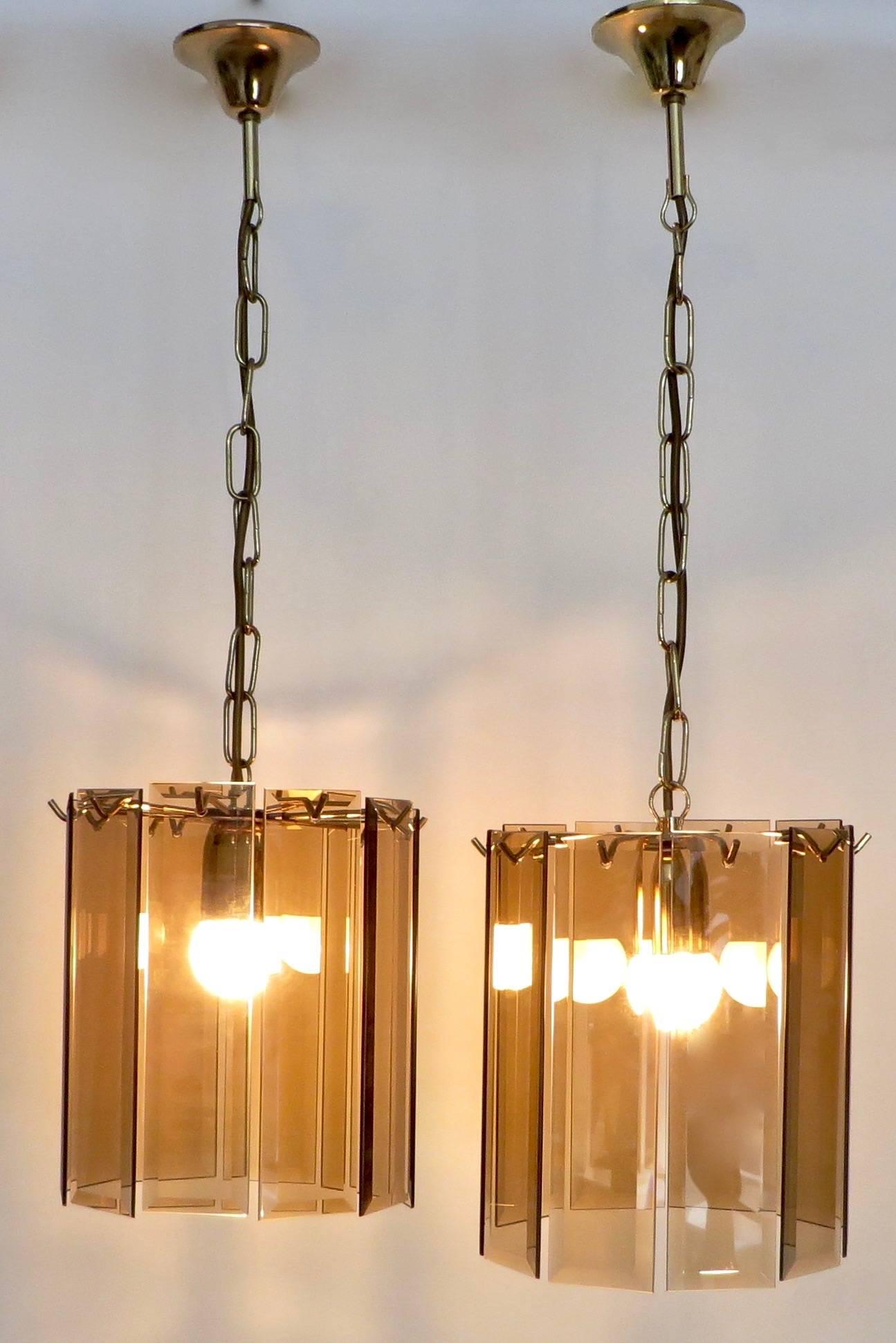 Mid-Century Modern Pair of Amber Beveled Italian Glass Chandeliers with Brass Details