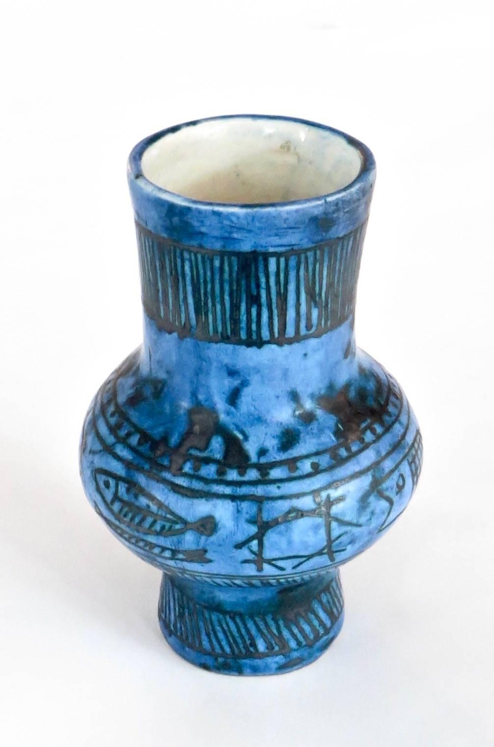 French Ceramic Sgraffito Blue Glazed Vase by Jacques Blin In Excellent Condition In Chicago, IL