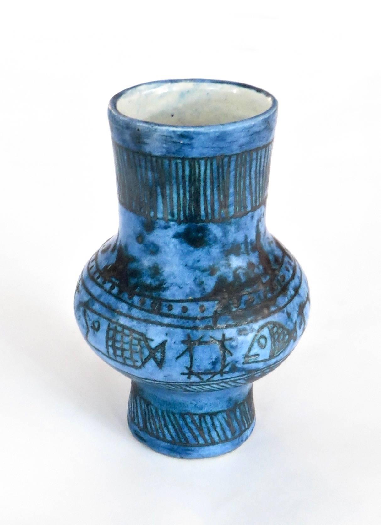 Mid-Century Modern French Ceramic Sgraffito Blue Glazed Vase by Jacques Blin