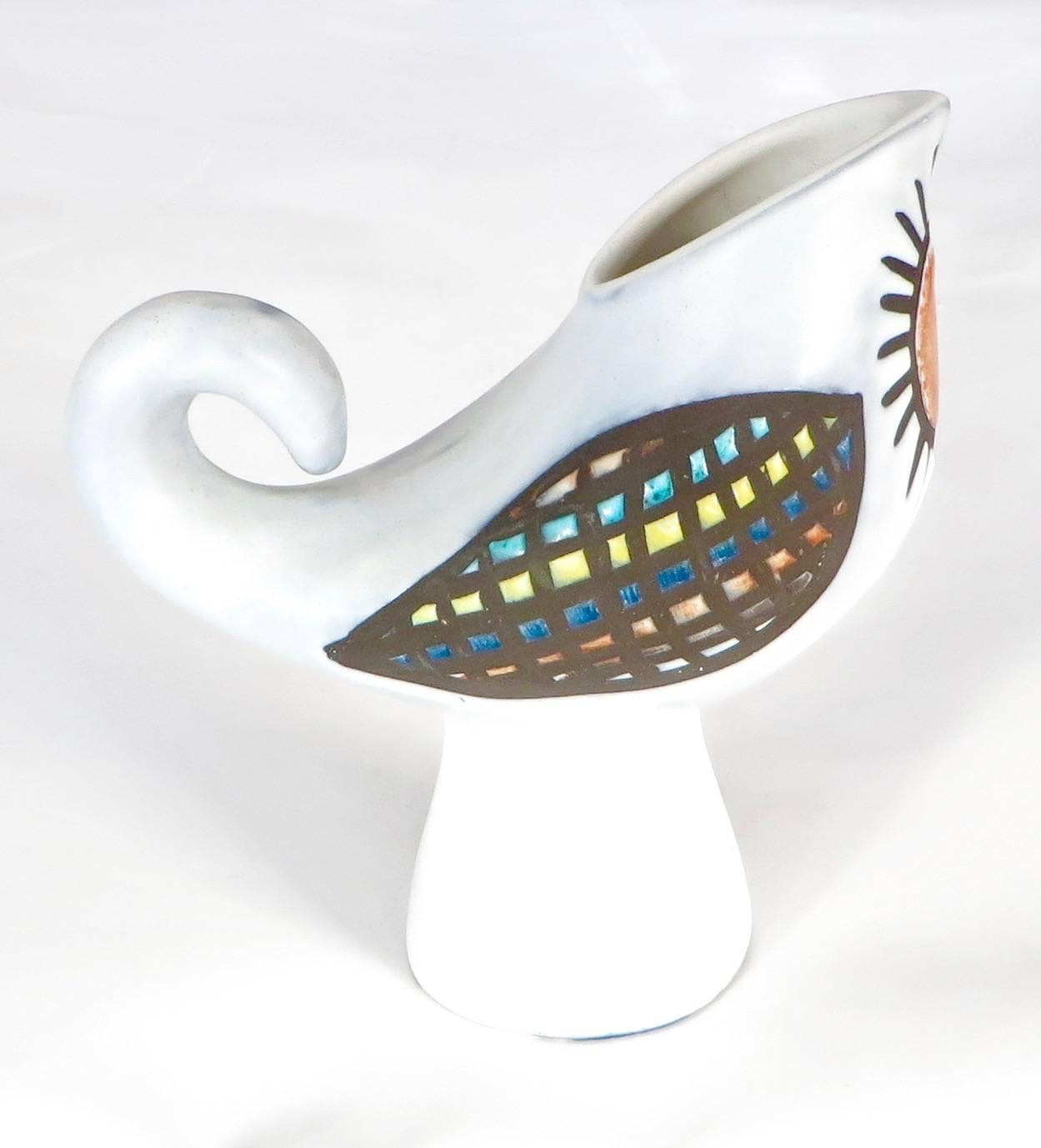 French Roger Capron Bird Form Sun Motif Vase Coq Ceramic Pitcher Vallauris France