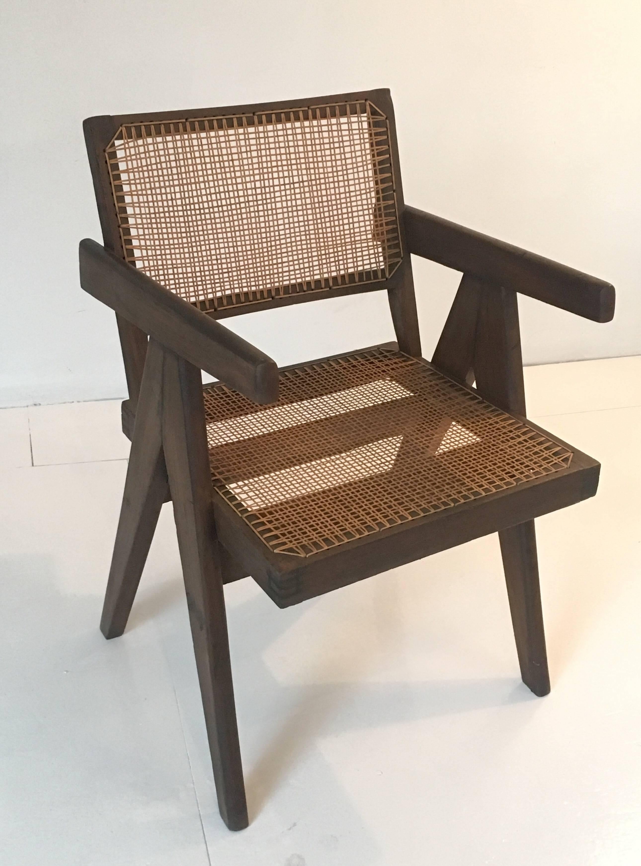 Mid-Century Modern Teak Office Cane Chair Armchair by Pierre Jeanneret from Chandigarh