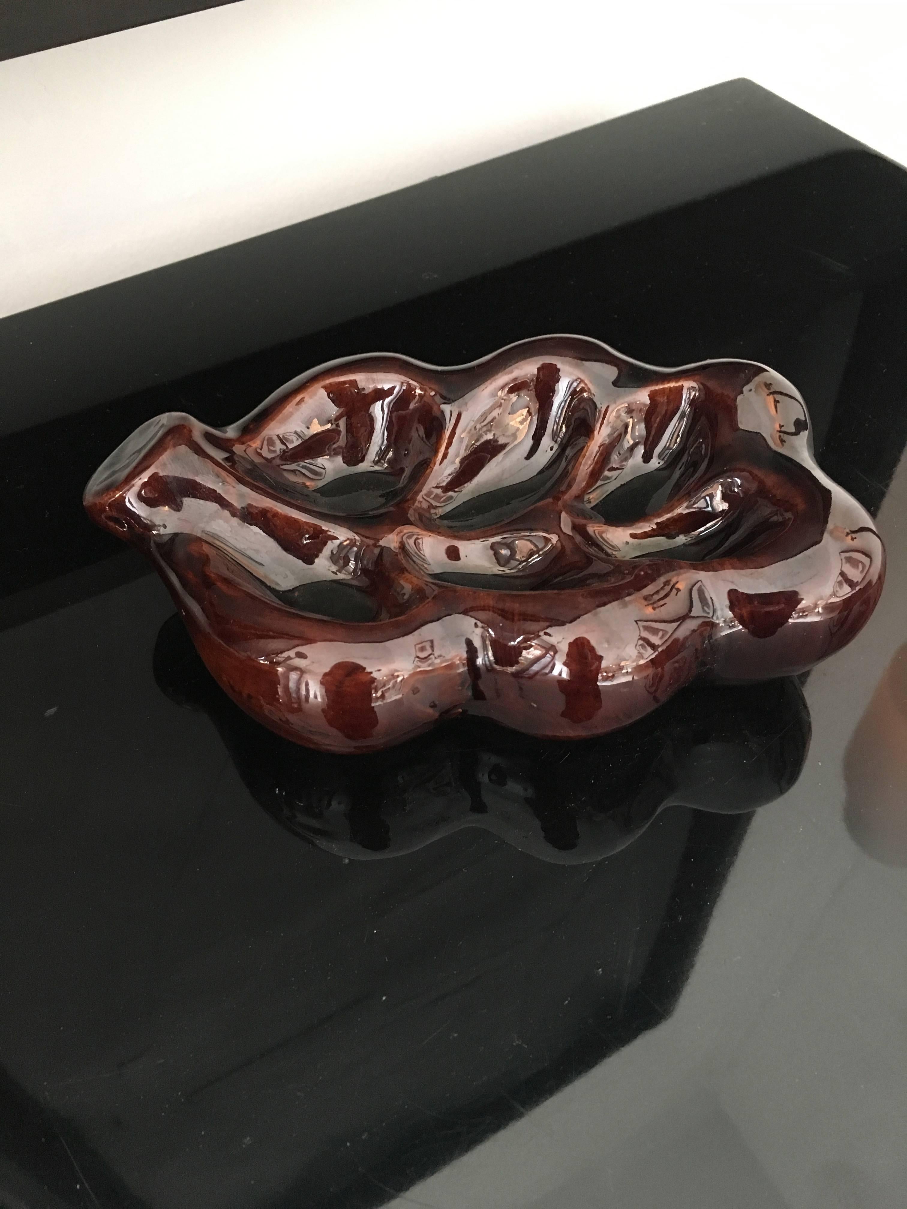 Georges Jouve French Ceramic Artist Feuille Dish in Dark Brown Aubergine 4