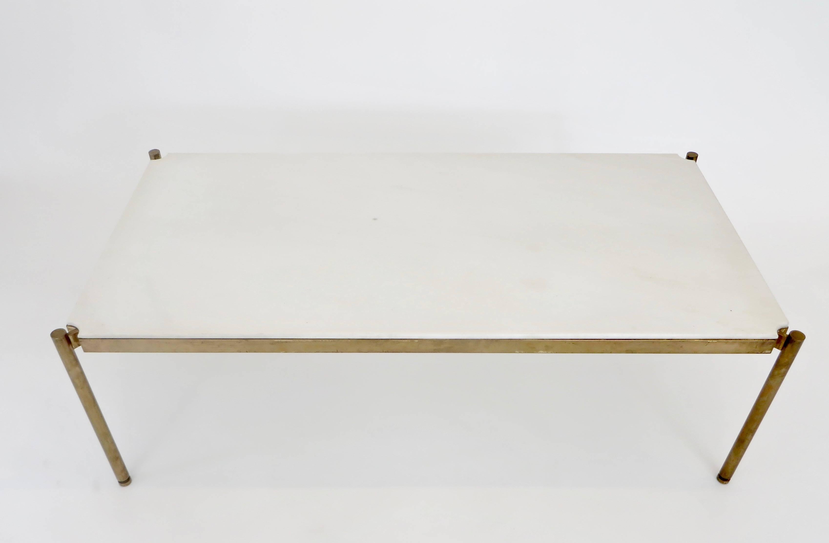 Mid-Century Modern Italian Coffee Table in White Statuary Marble and Bronze Base