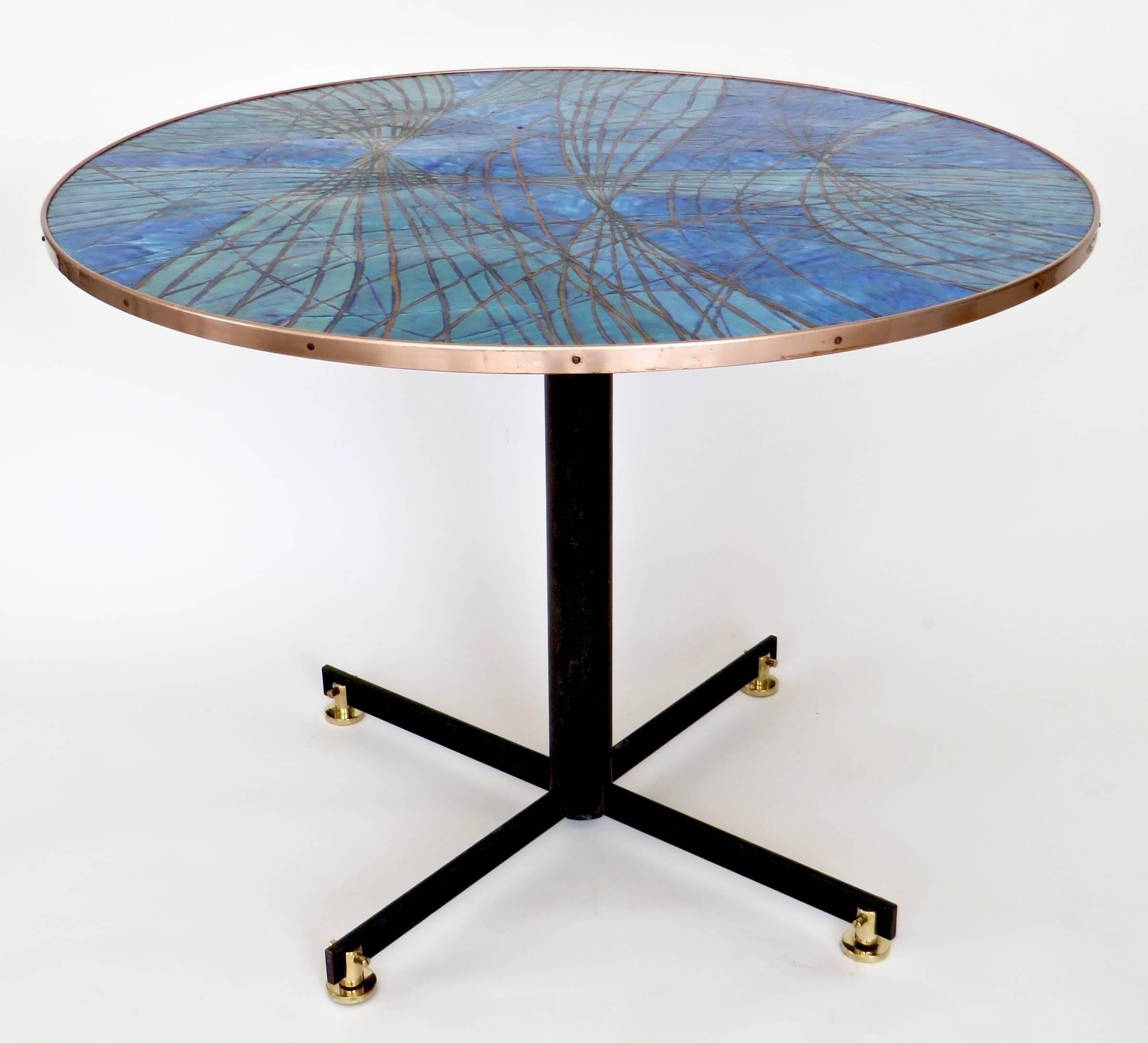 Mid-Century Modern Italian Blue and Gold on Copper Enamel Center or Dining Table Architectural Legs