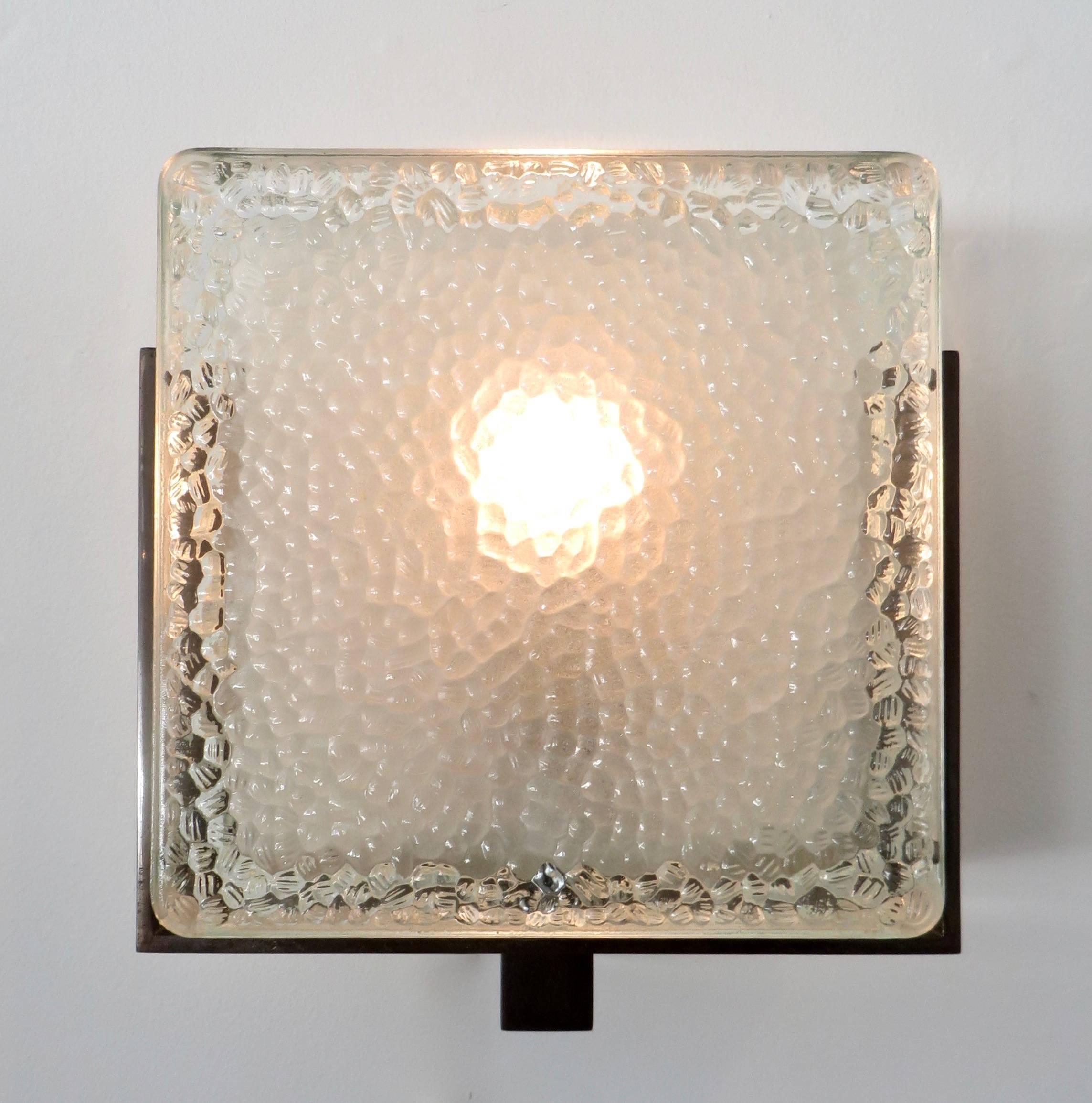 Mid-20th Century French St Gobain Pebbled Opaque Glass and Bronze Sconces by Atelier Jean Perzel 