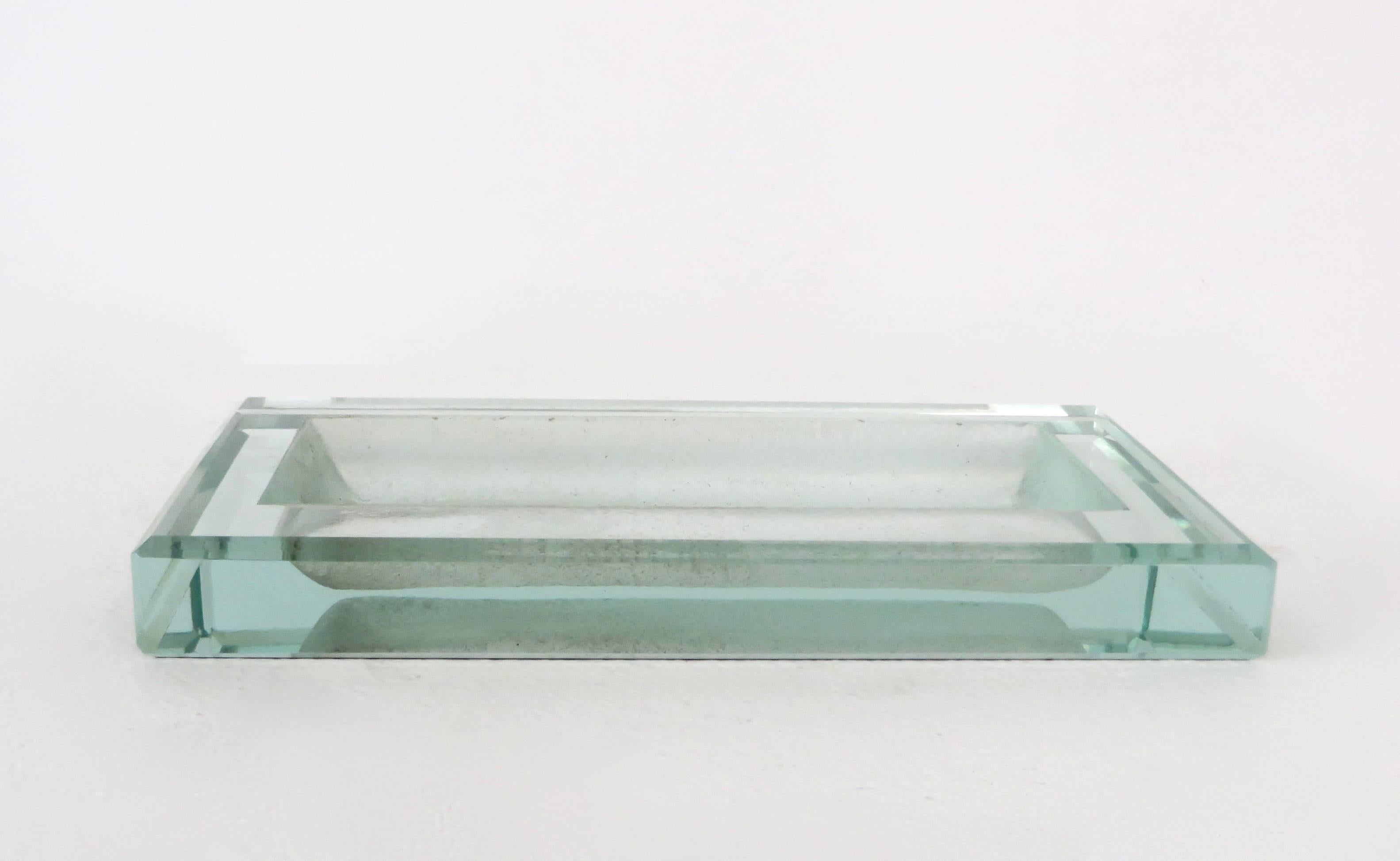 A Jean Luce vintage French Art Deco glass vide poche with beveled edges. 
Clear and etched or sable glass.