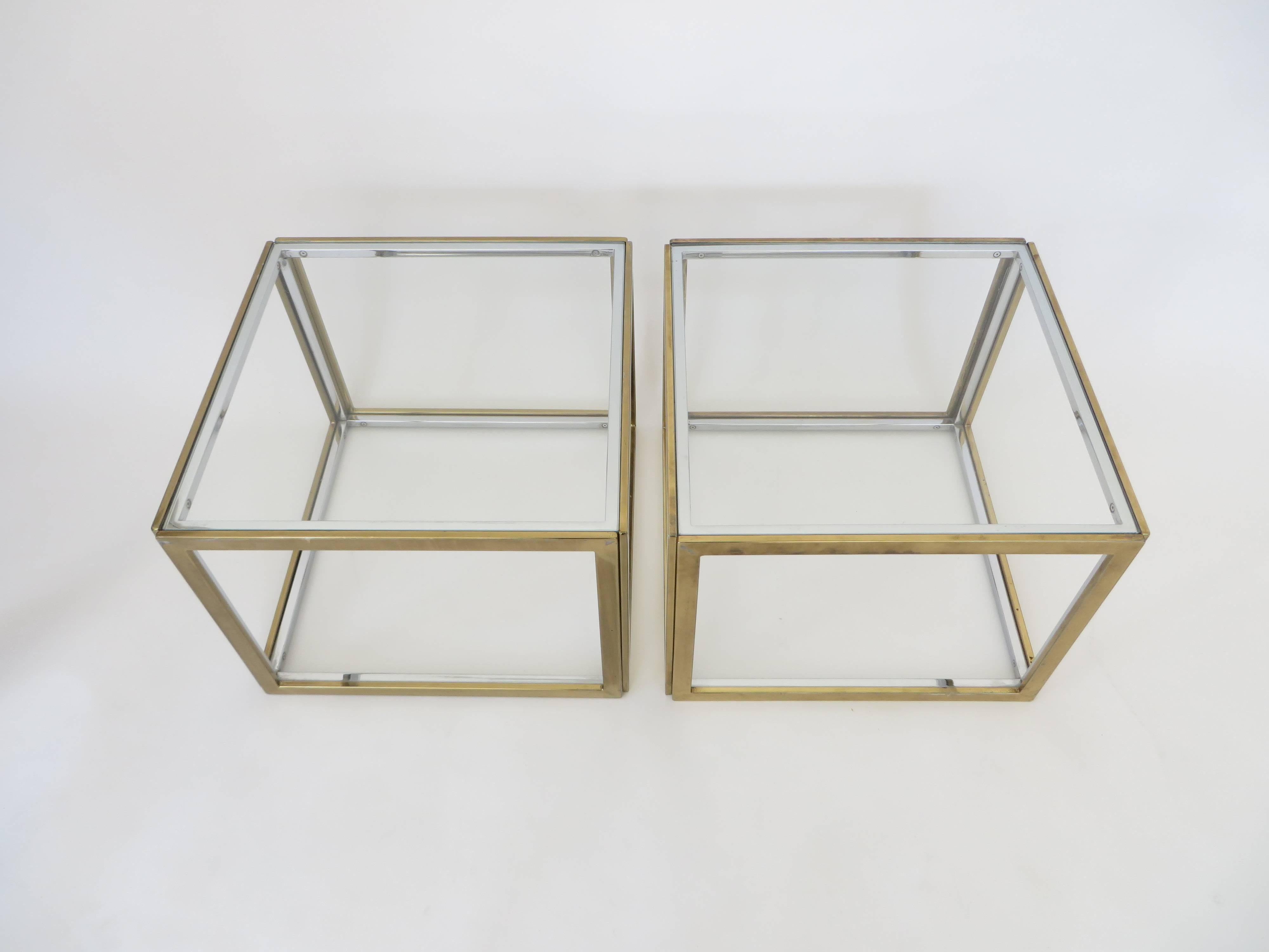 Pair of French Brass and Chrome Side Tables by Maison Charles et Fils circa 1970 In Excellent Condition In Chicago, IL
