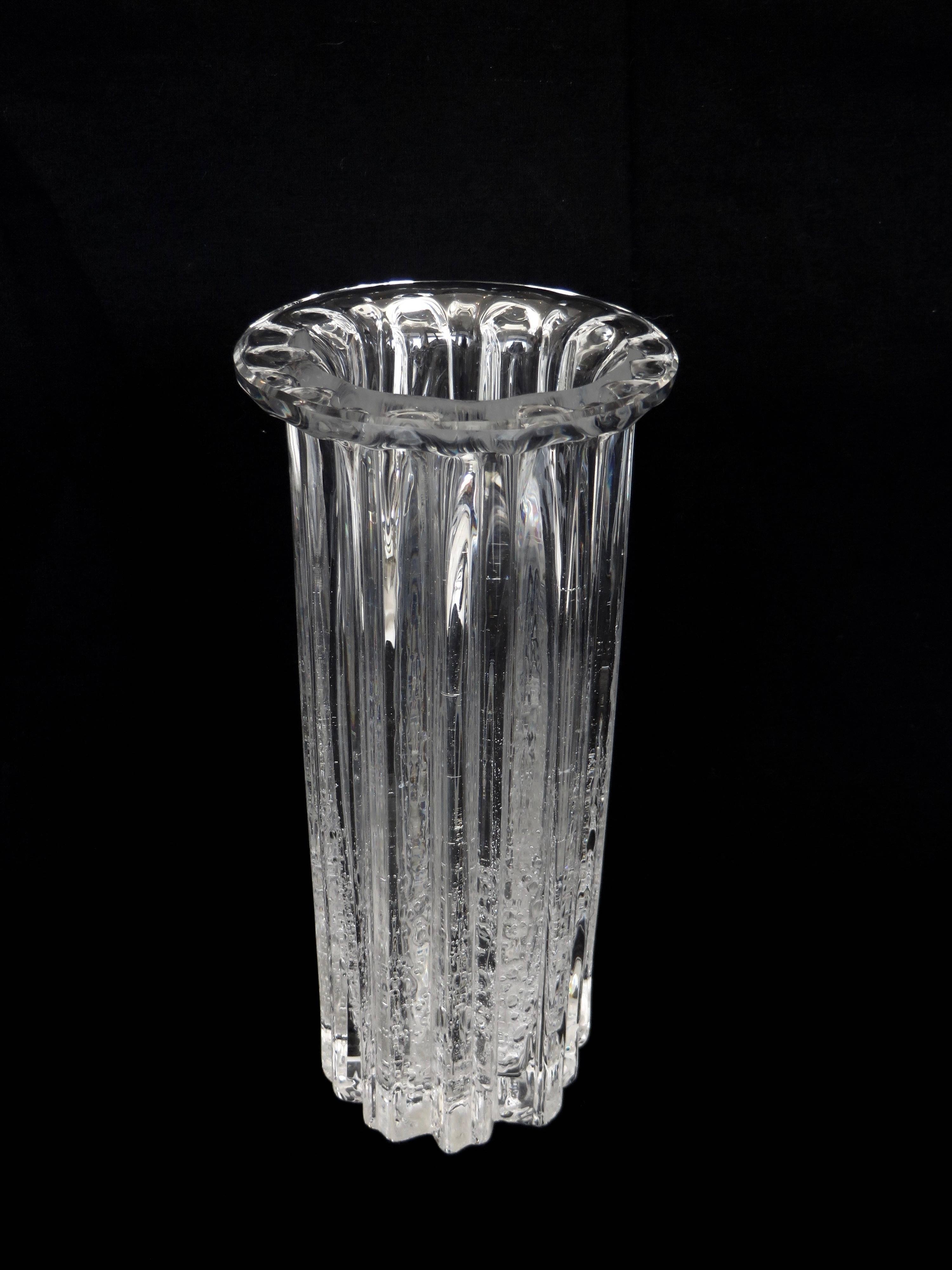 A clear glass vase for Iittalia, Finland, circa 1960. 
No chips or flaws. lovely bubbles and undulations in the glass. 
Pavilion antiques offers this item for the holidays. 