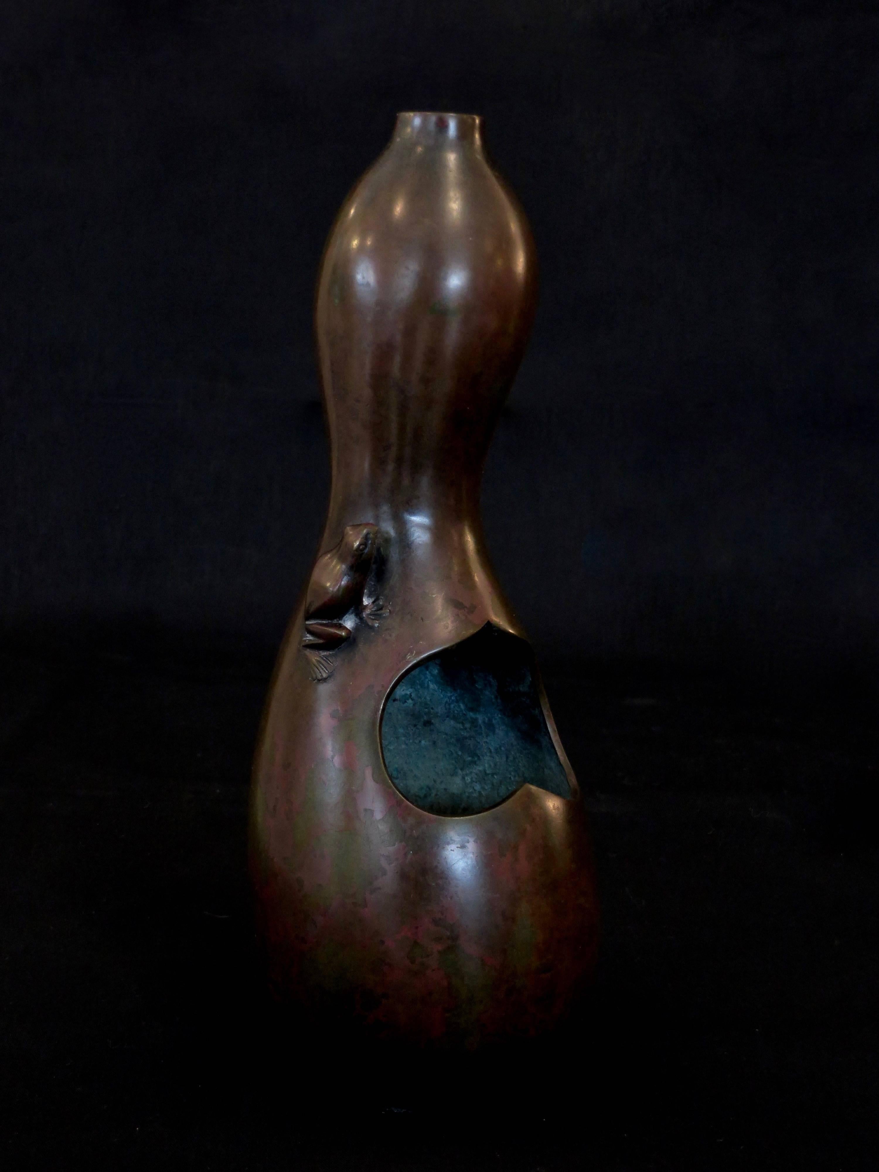 Patinated Japanese Gourd Shaped Bronze Vase with Frog