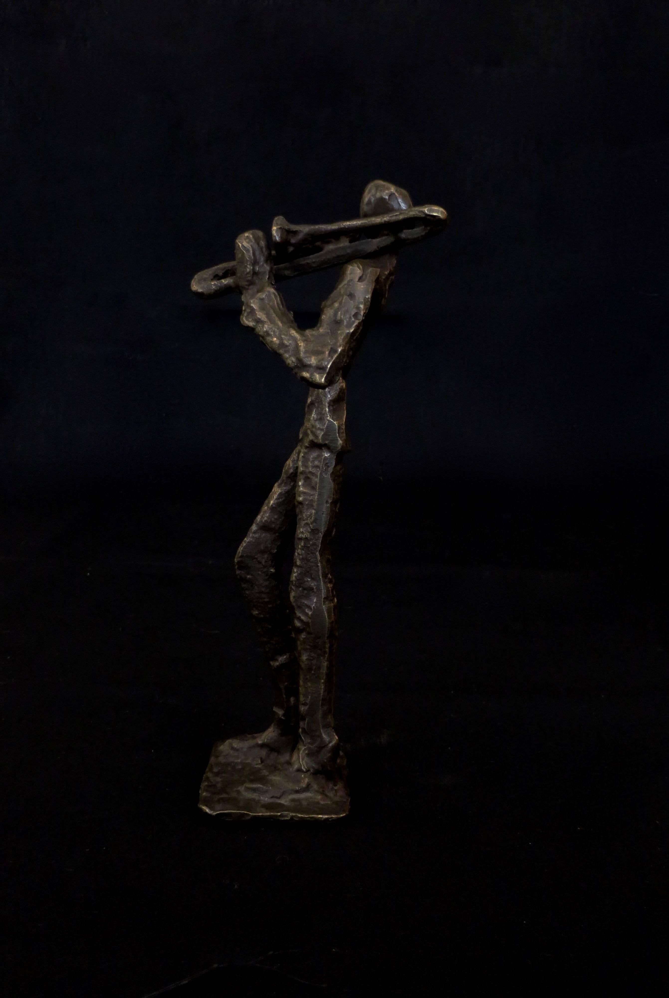 Mid-Century Modern Abstract Cast Bronze Sculpture of a Trombonist