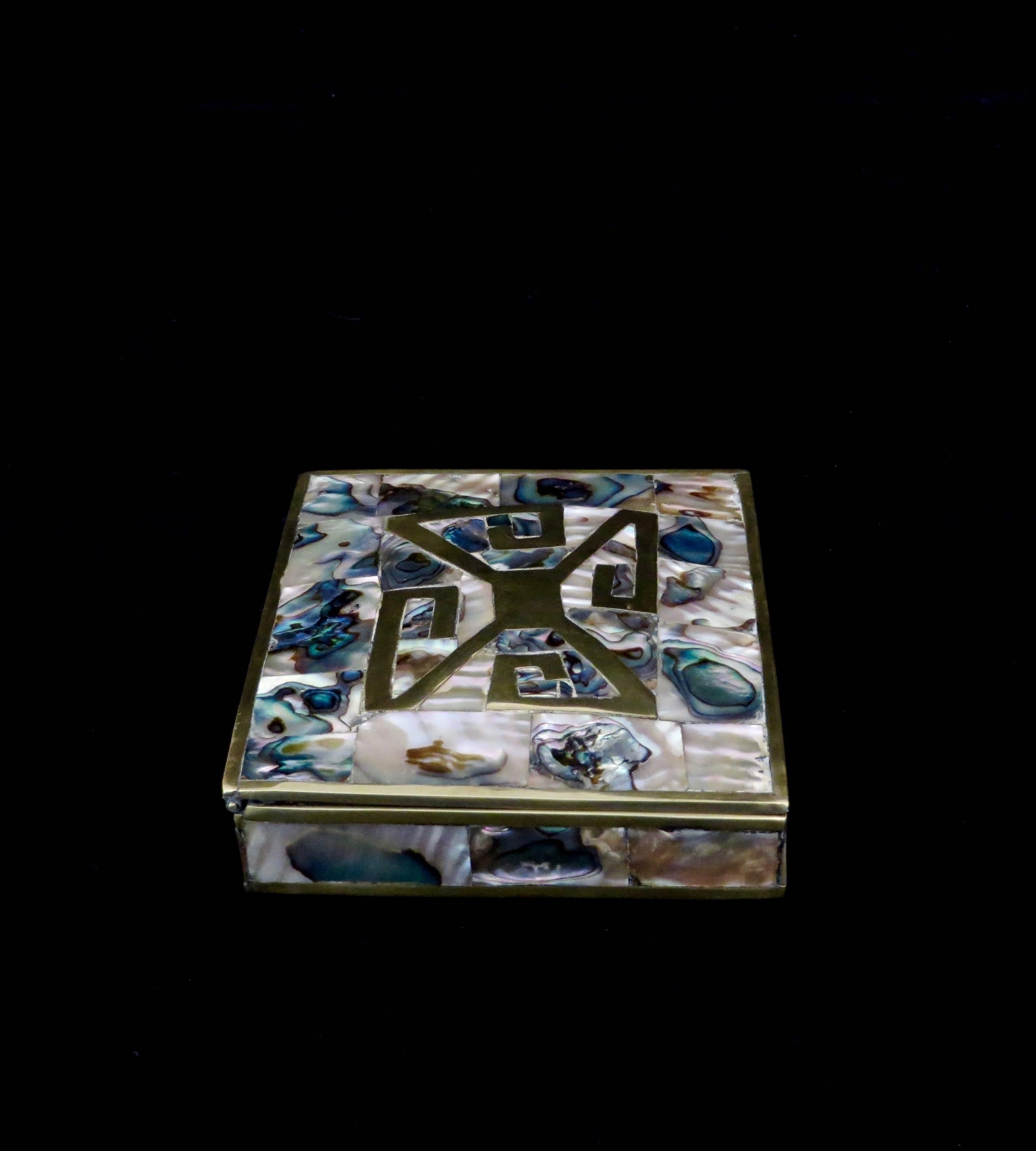 Sterling and Brass Box with Abalone Inlay and Rosewood Interior Taxco, Mexico 2