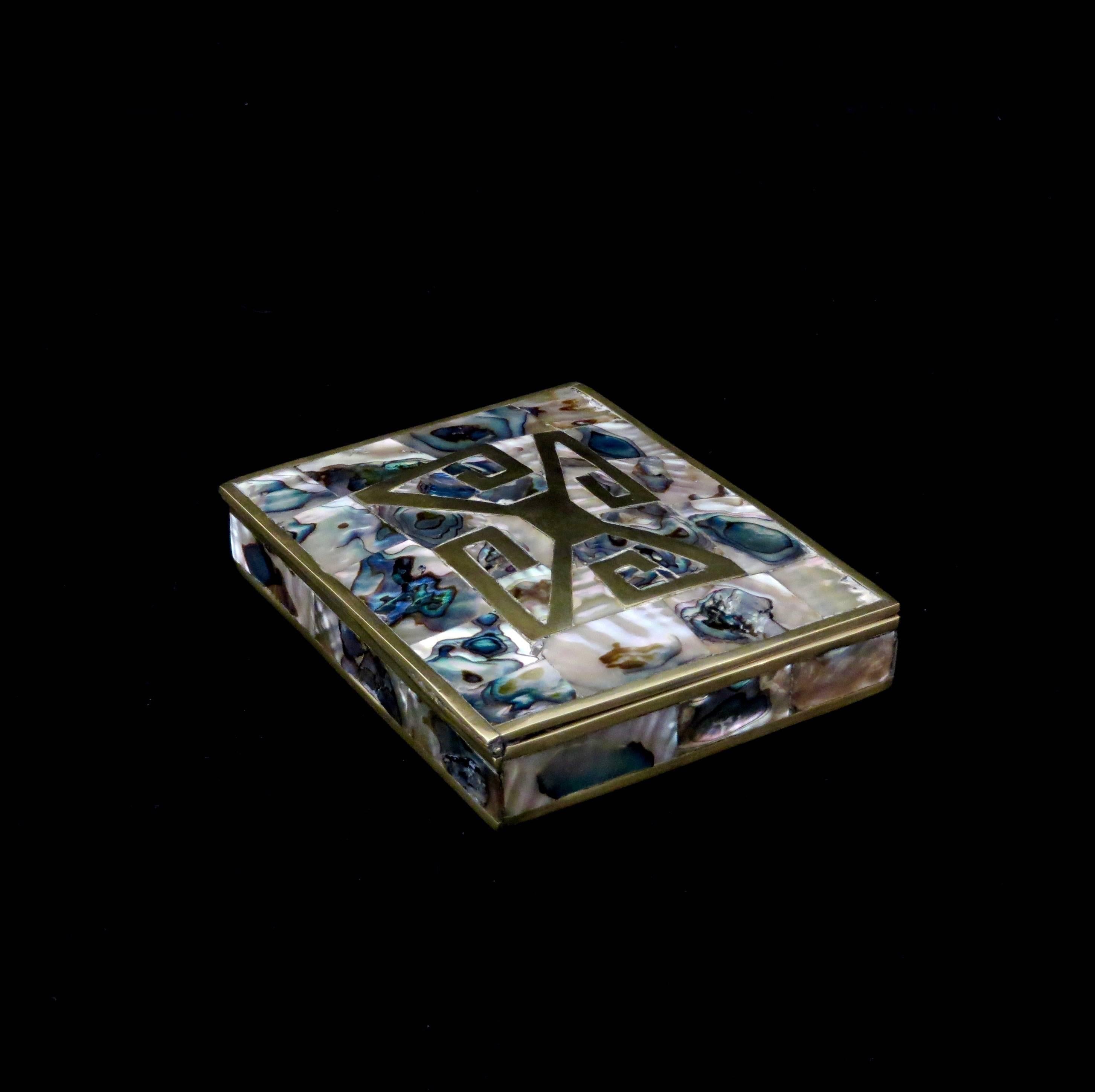 Mexican Sterling and Brass Box with Abalone Inlay and Rosewood Interior Taxco, Mexico