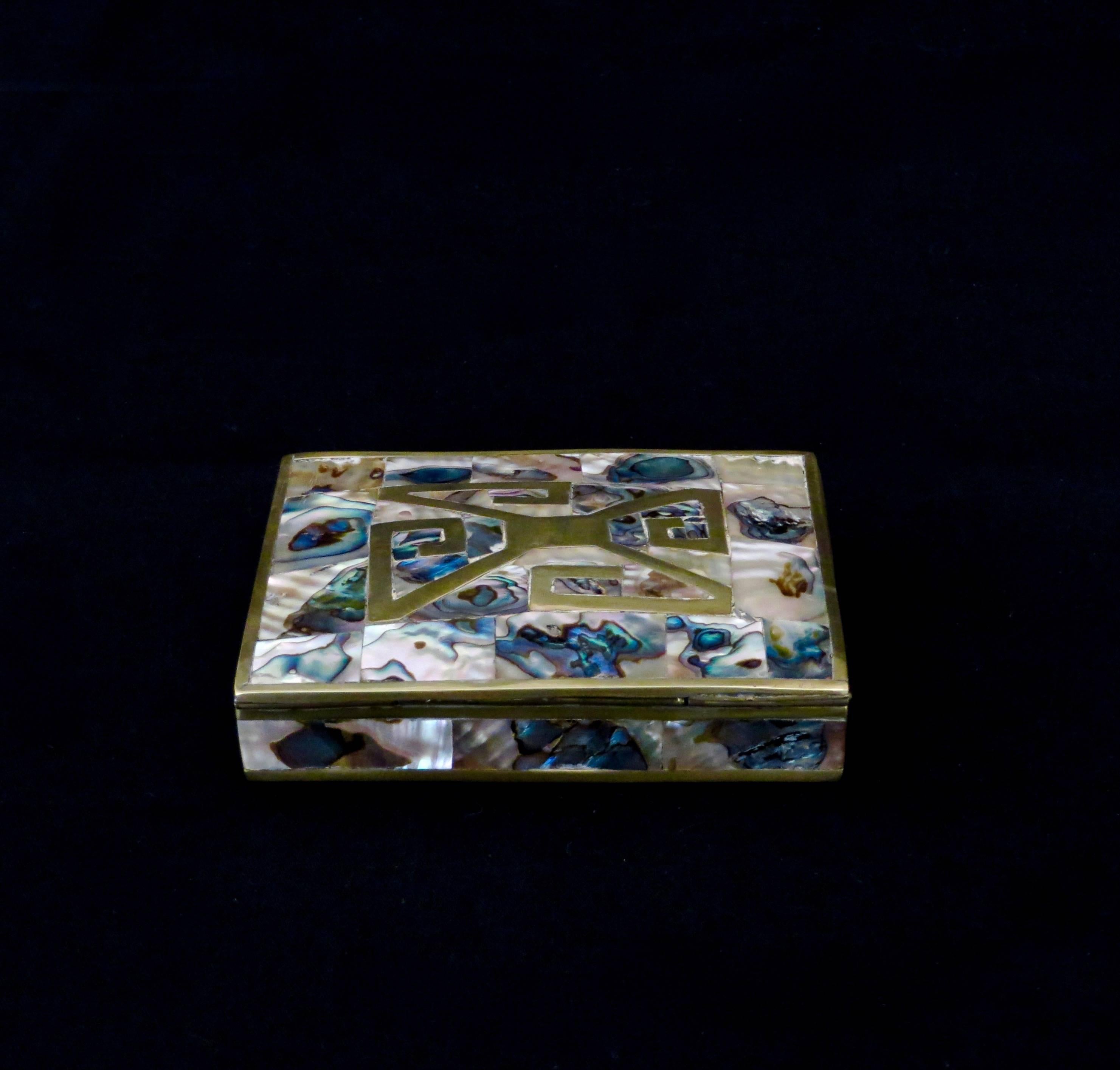 Mid-Century Modern Sterling and Brass Box with Abalone Inlay and Rosewood Interior Taxco, Mexico