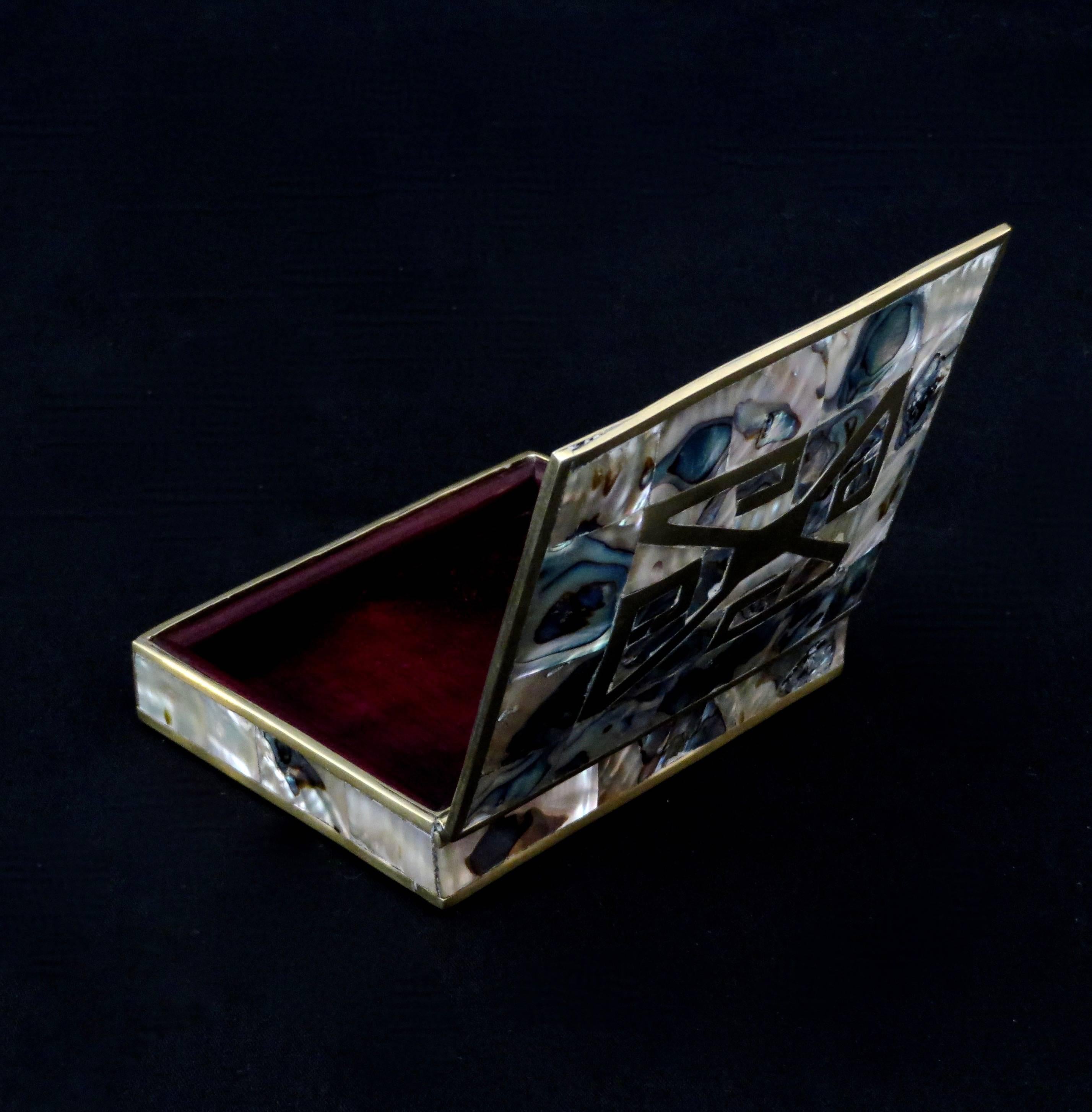 Mid-20th Century Sterling and Brass Box with Abalone Inlay and Rosewood Interior Taxco, Mexico