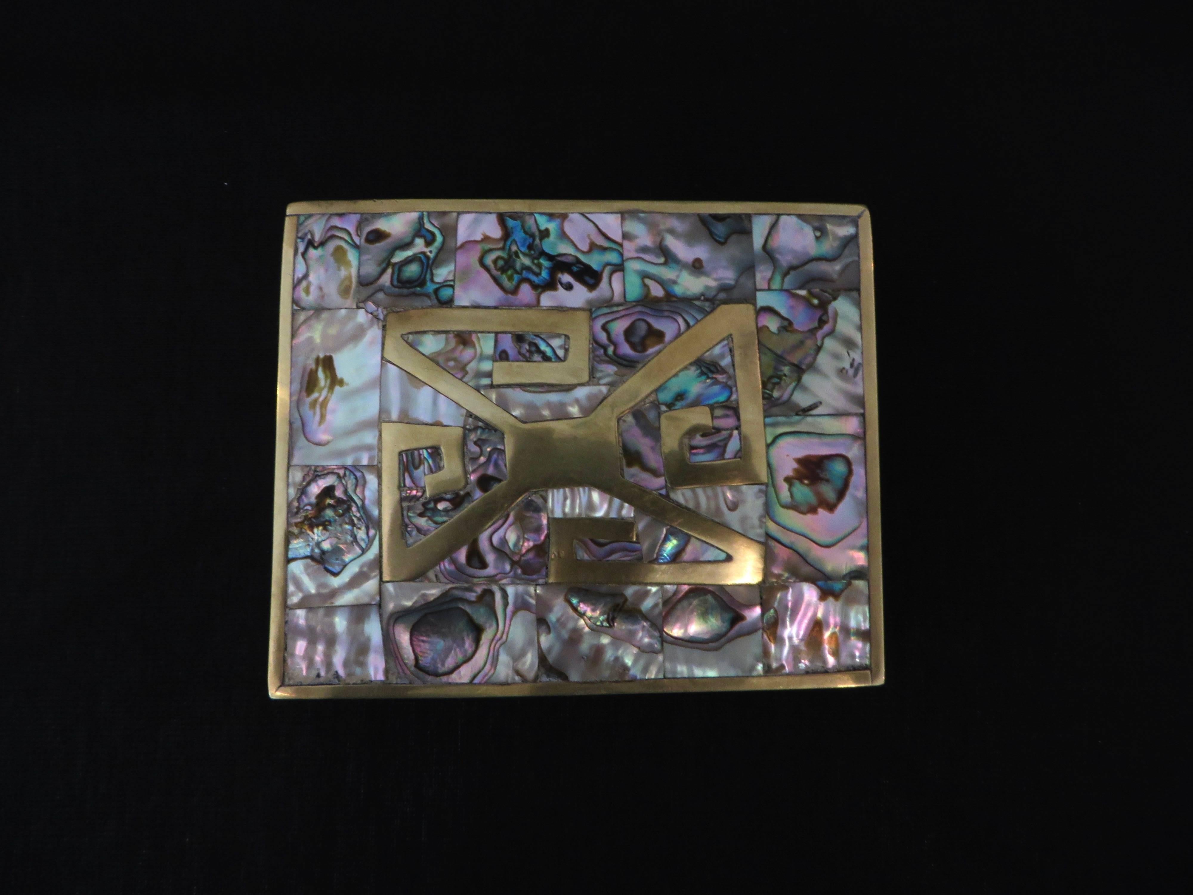 Sterling and Brass Box with Abalone Inlay and Rosewood Interior Taxco, Mexico 1