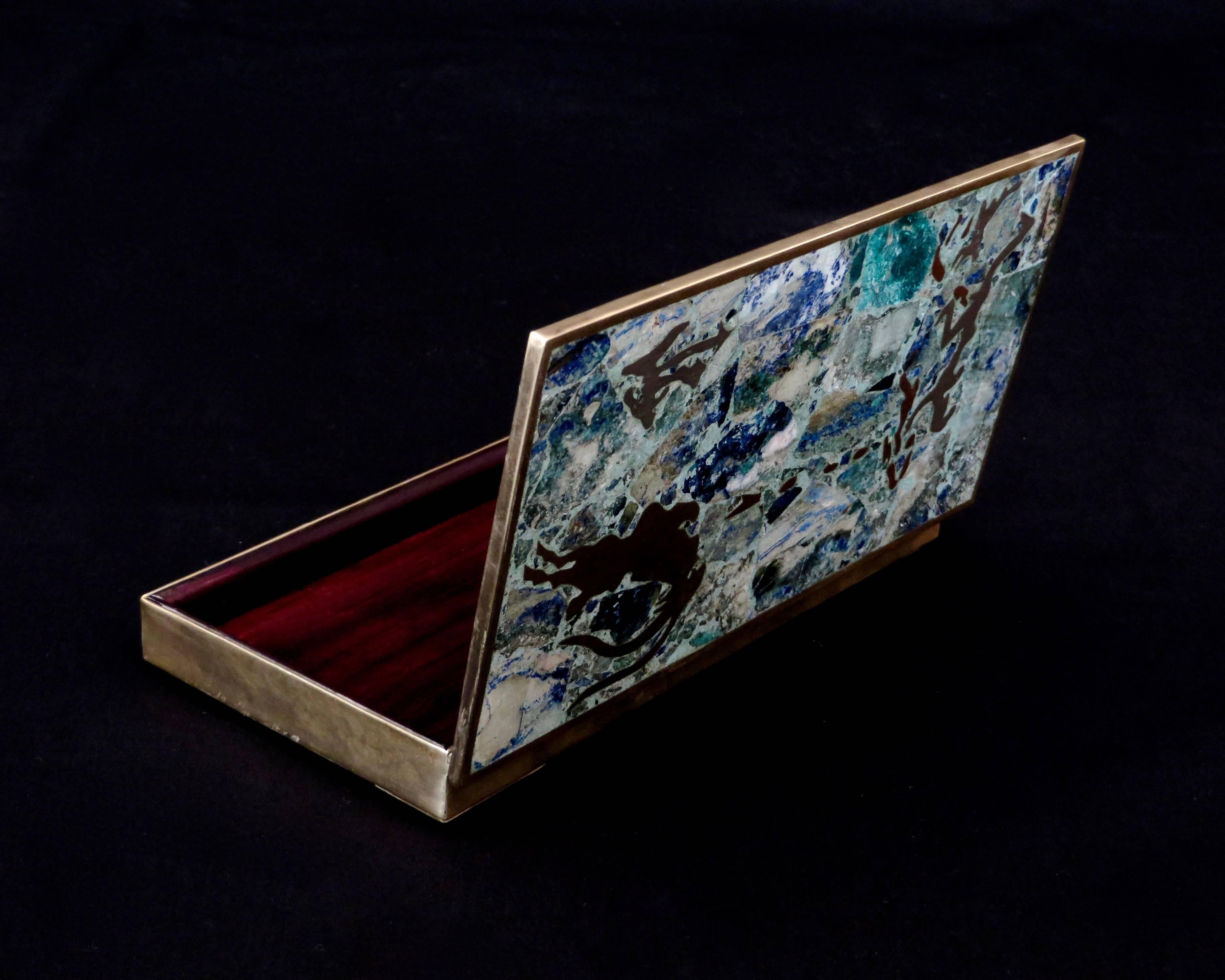 Muti-Stone Inlay Rosewood Interior Sterling Box Taxco, Mexico In Excellent Condition In Chicago, IL