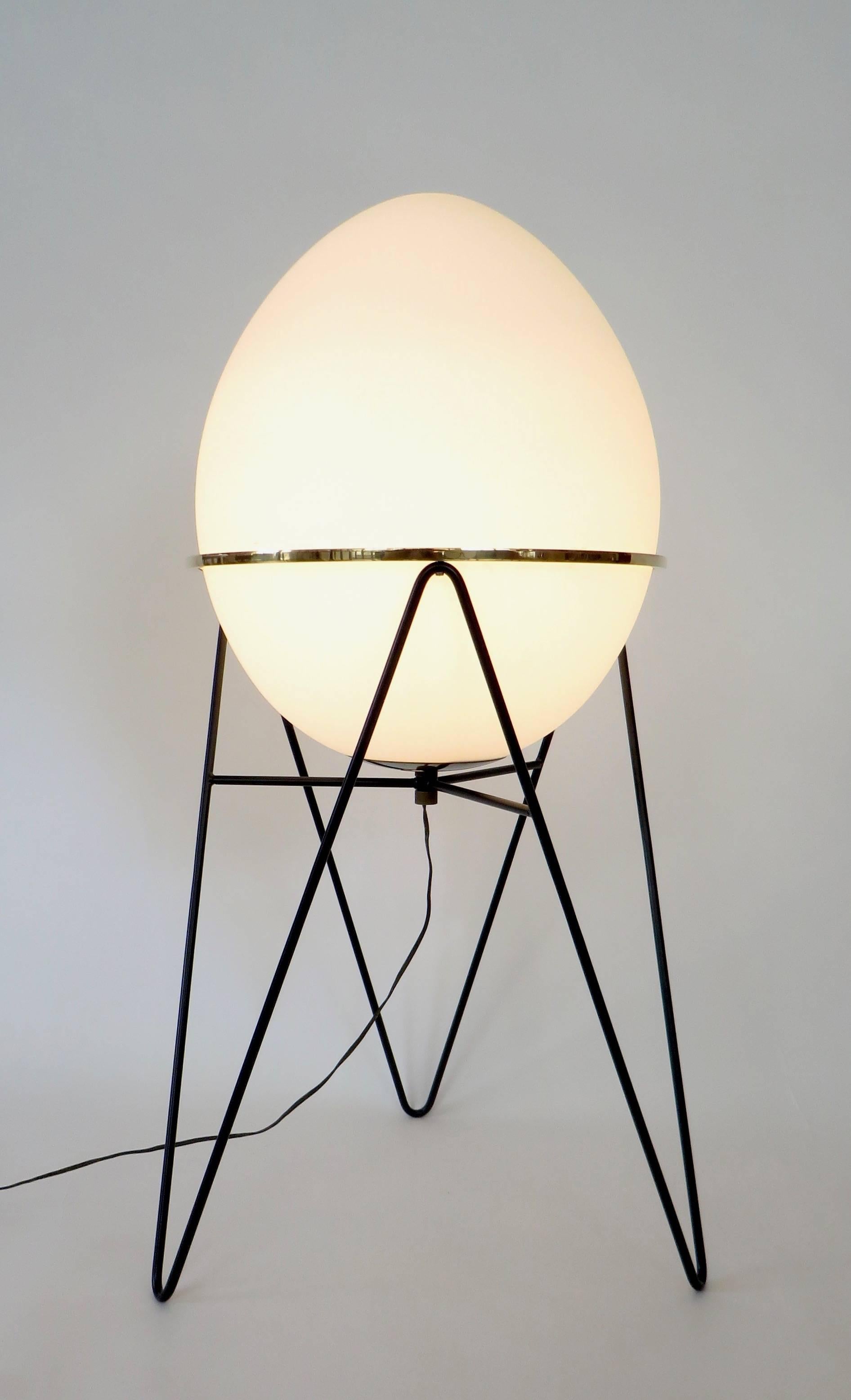 Italian  Stilnovo Pair of Egg or Novo Opaque Glass and Iron Frame Floor Lamps 