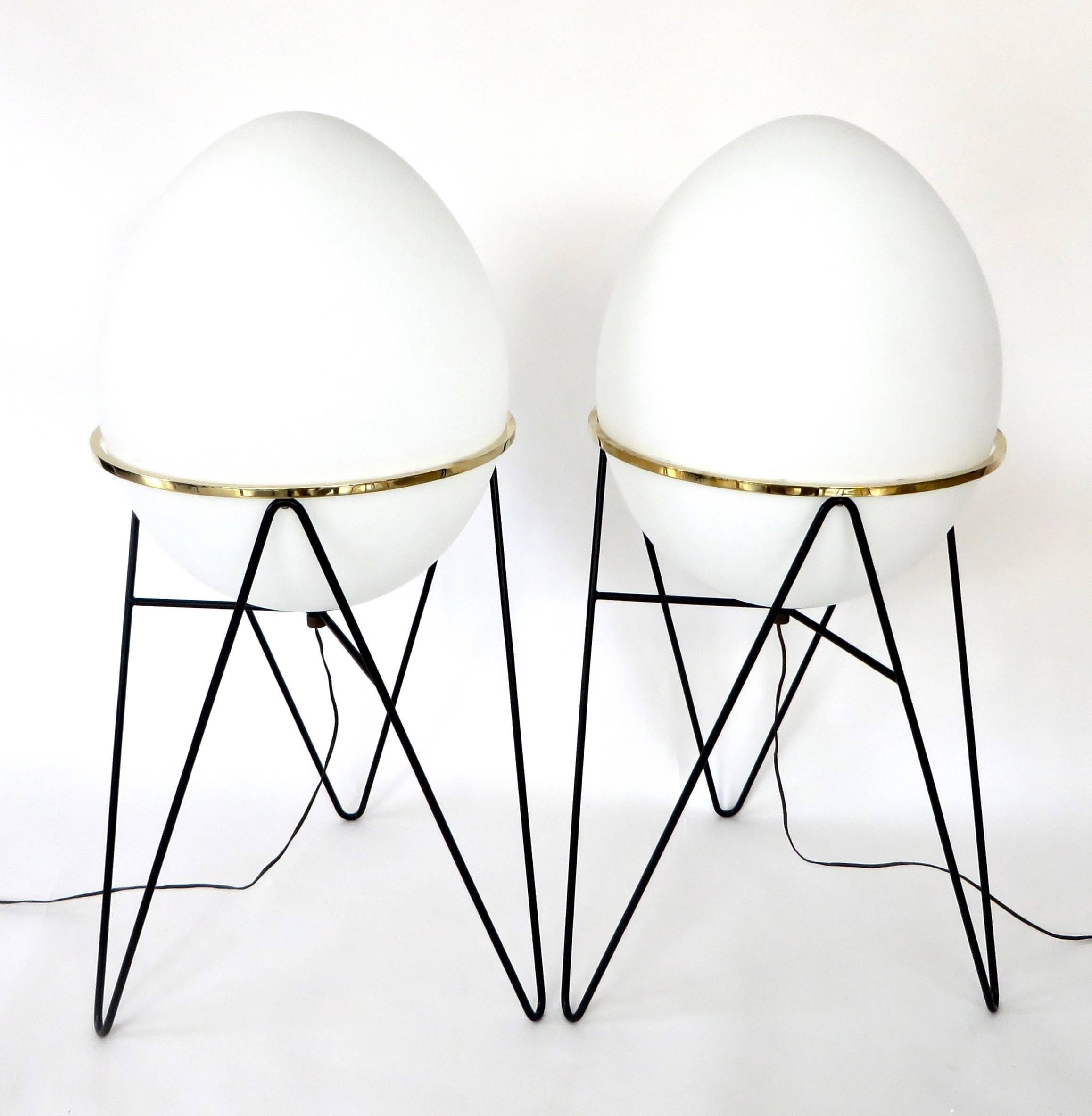 Mid-20th Century  Stilnovo Pair of Egg or Novo Opaque Glass and Iron Frame Floor Lamps 