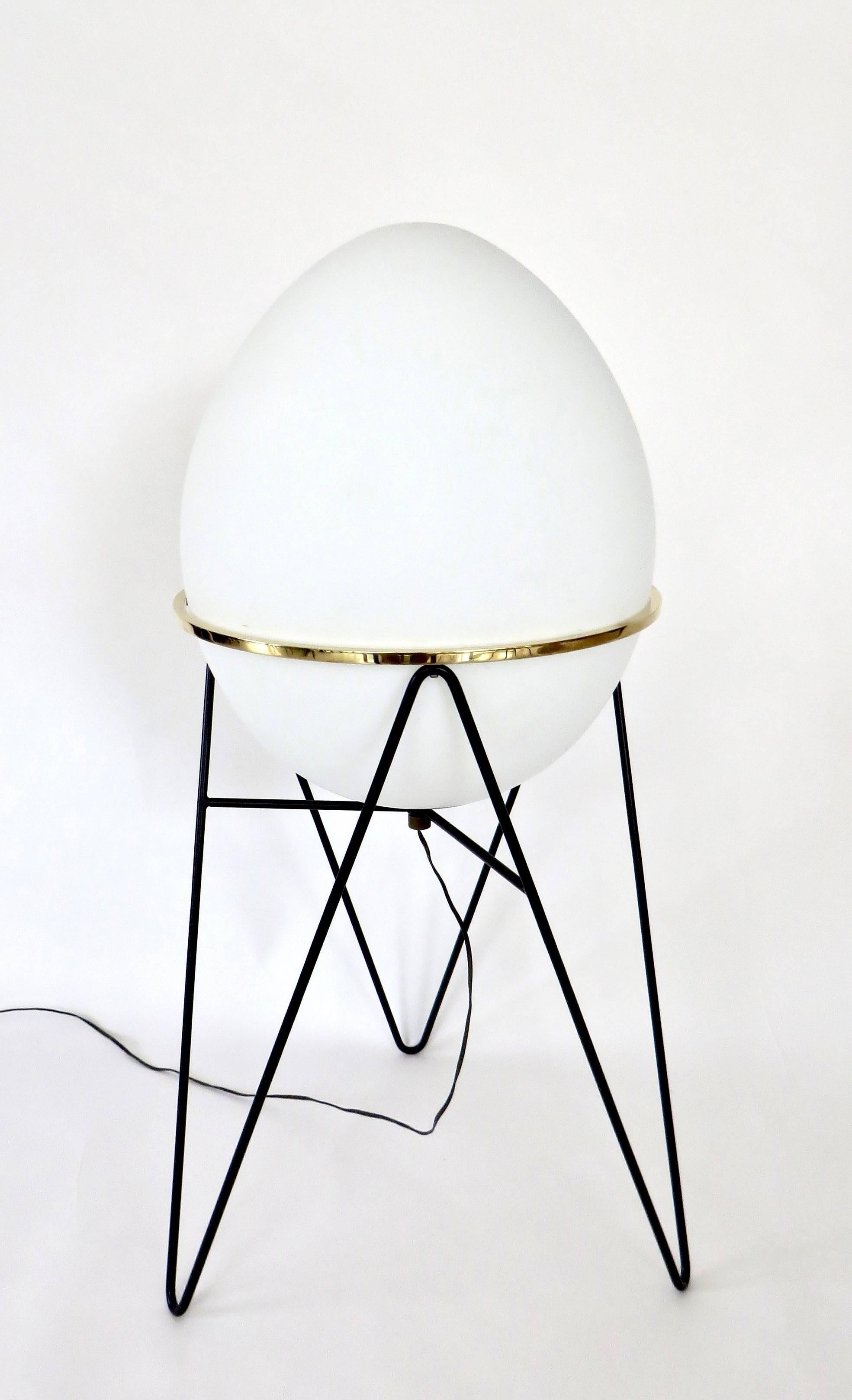  Stilnovo Pair of Egg or Novo Opaque Glass and Iron Frame Floor Lamps  In Excellent Condition In Chicago, IL