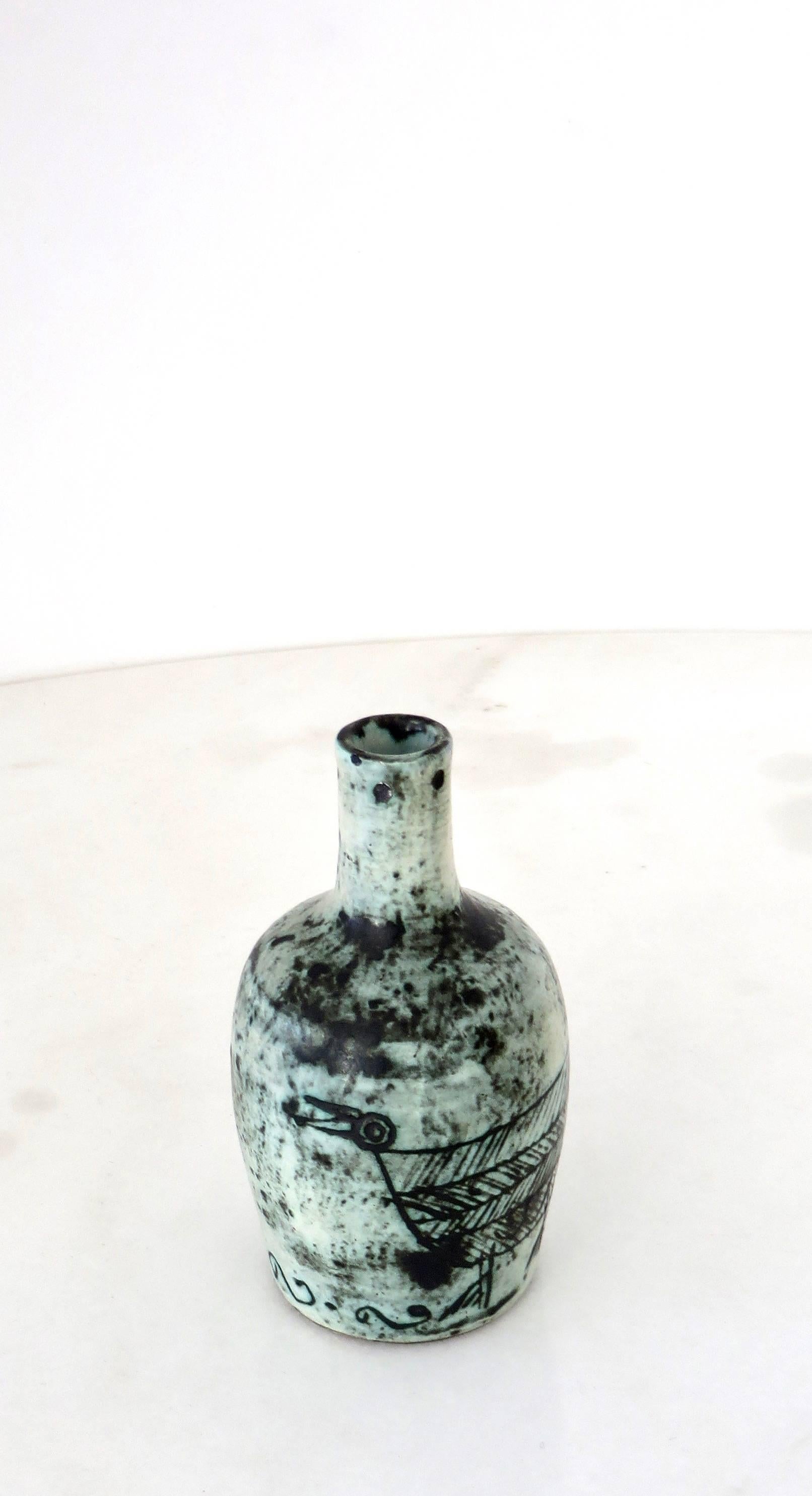 Jacques Blin French Ceramic Artist Blue Scrafitto Ceramic Bottle, circa 1960 1