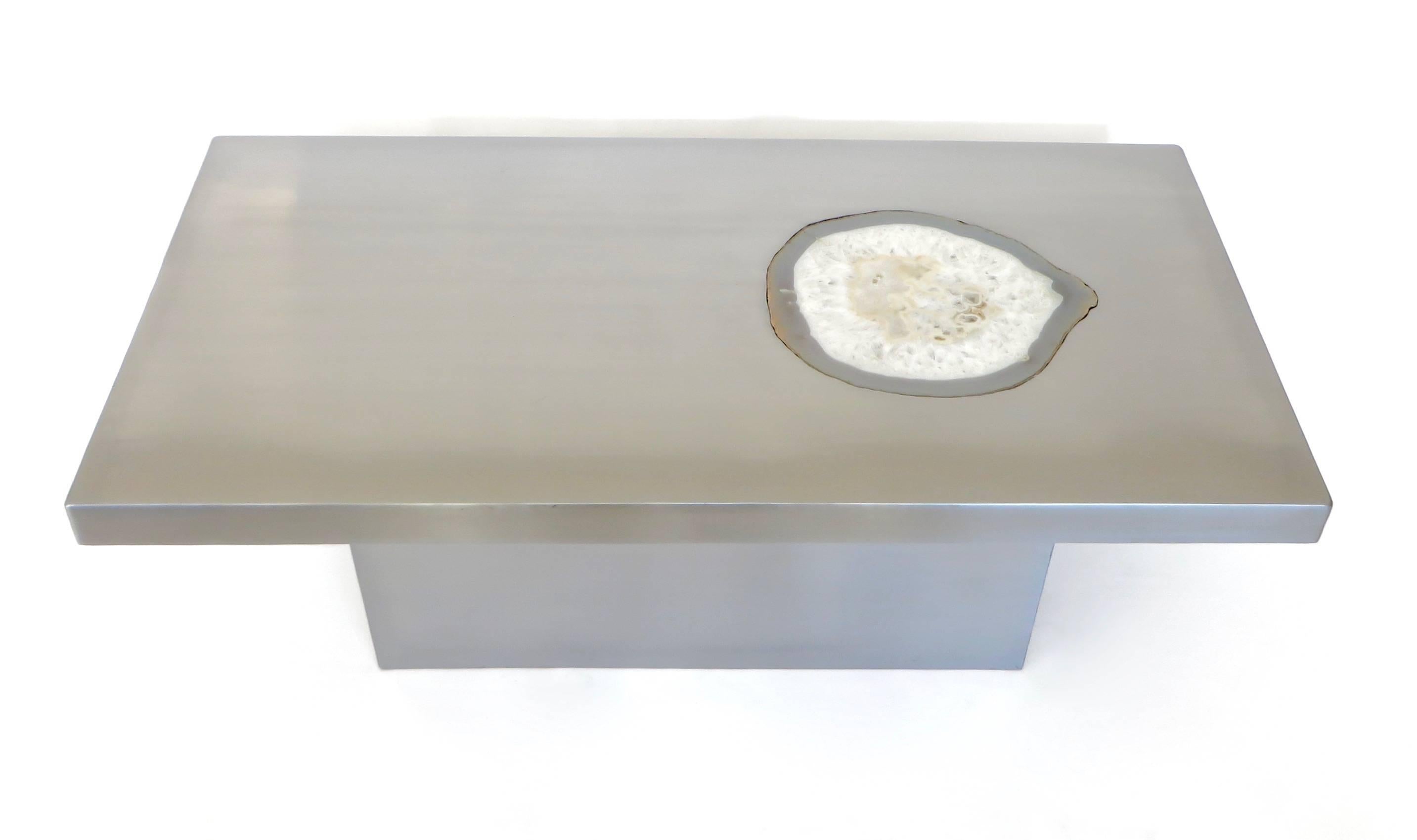French Stainless Steel Inlaid Agate Coffee Table with Illumination from below 1