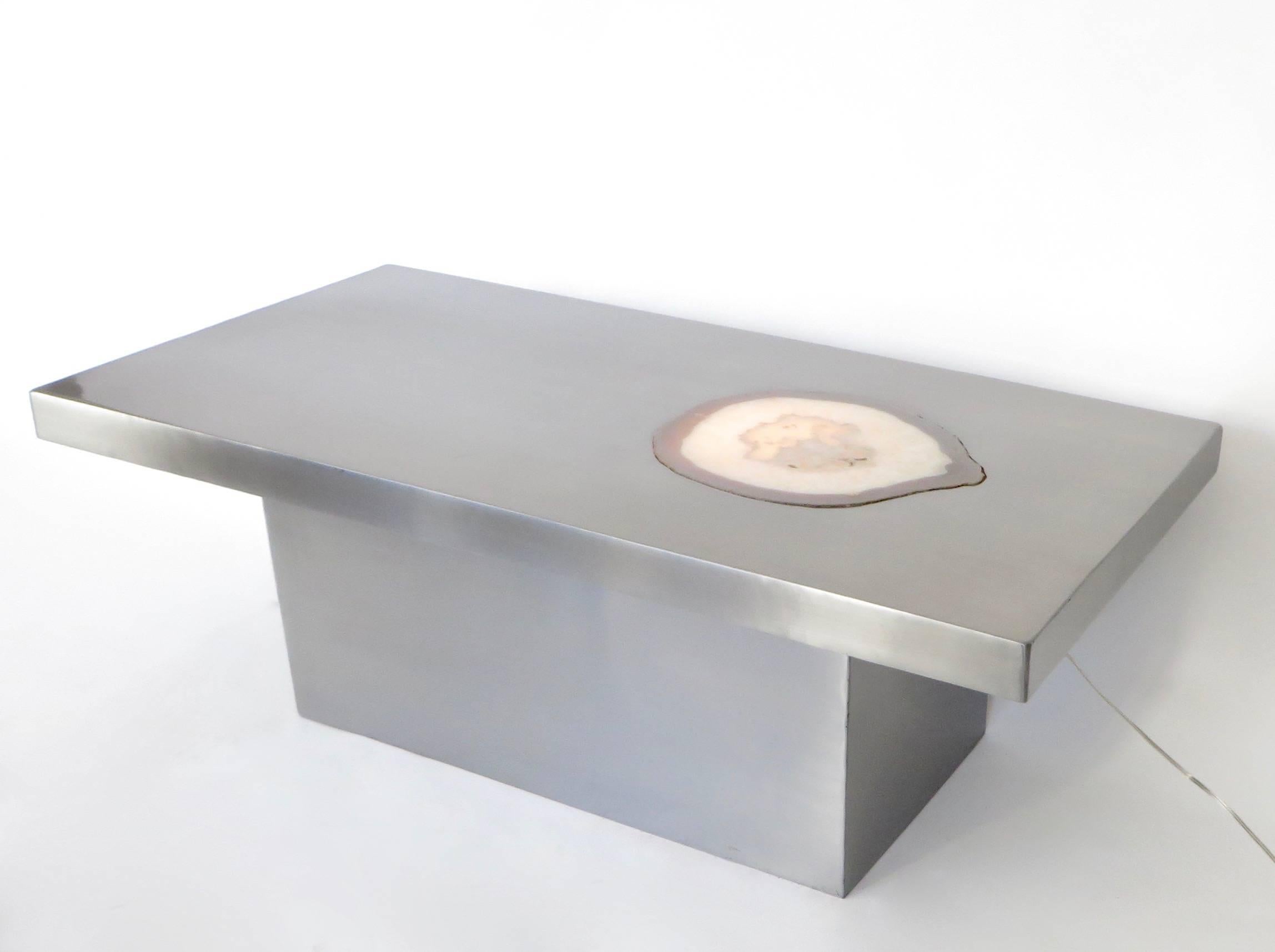 French Stainless Steel Inlaid Agate Coffee Table with Illumination from below 4