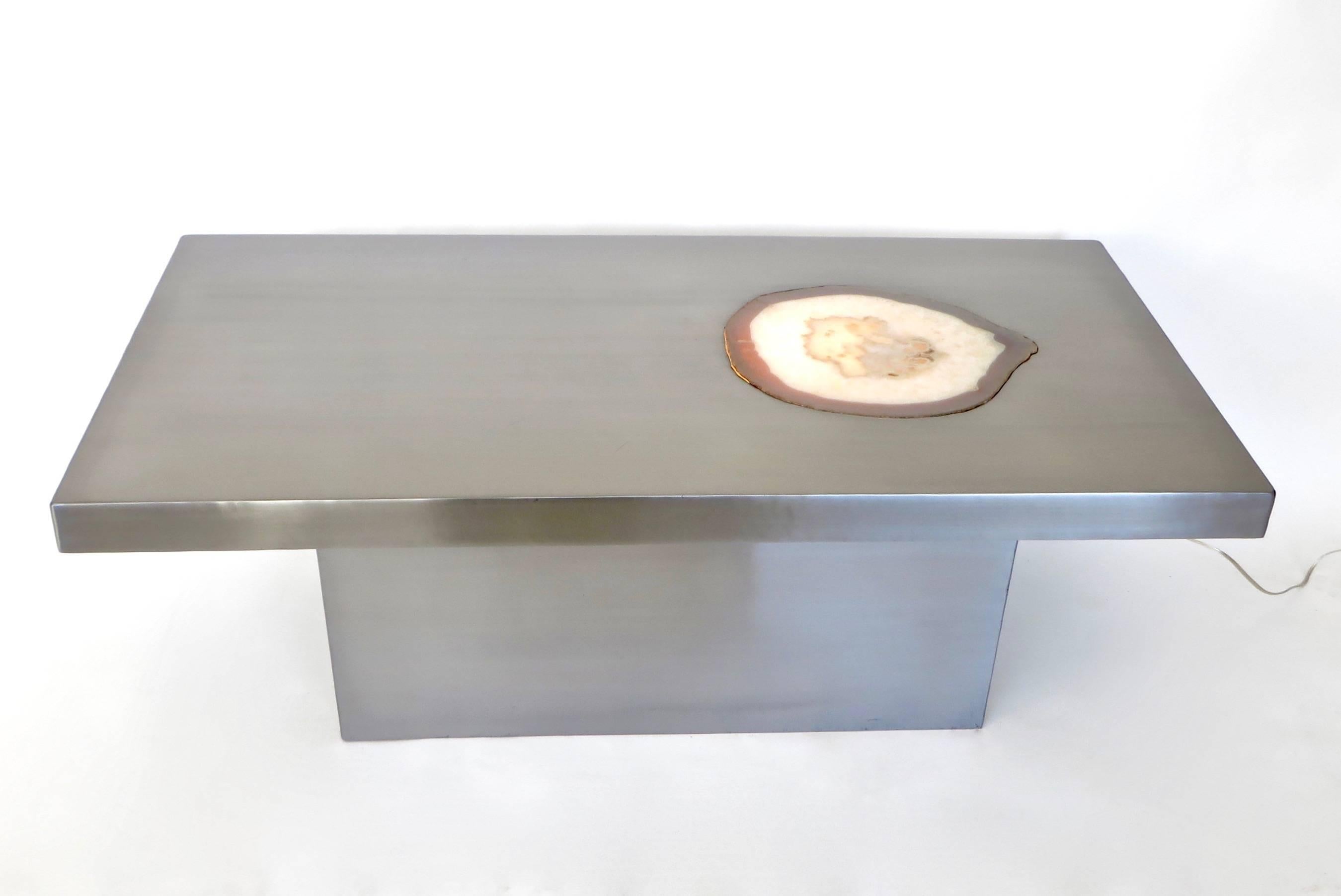 French Stainless Steel Inlaid Agate Coffee Table with Illumination from below 5