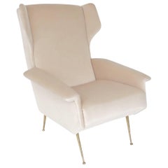 Italian Upholstered Wingback Lounge Chair with Brass Legs and Feet