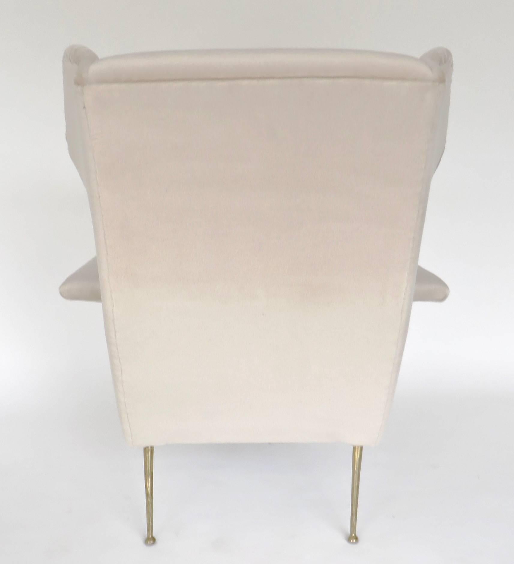 Italian Upholstered Wingback Lounge Chair with Brass Legs and Feet 1