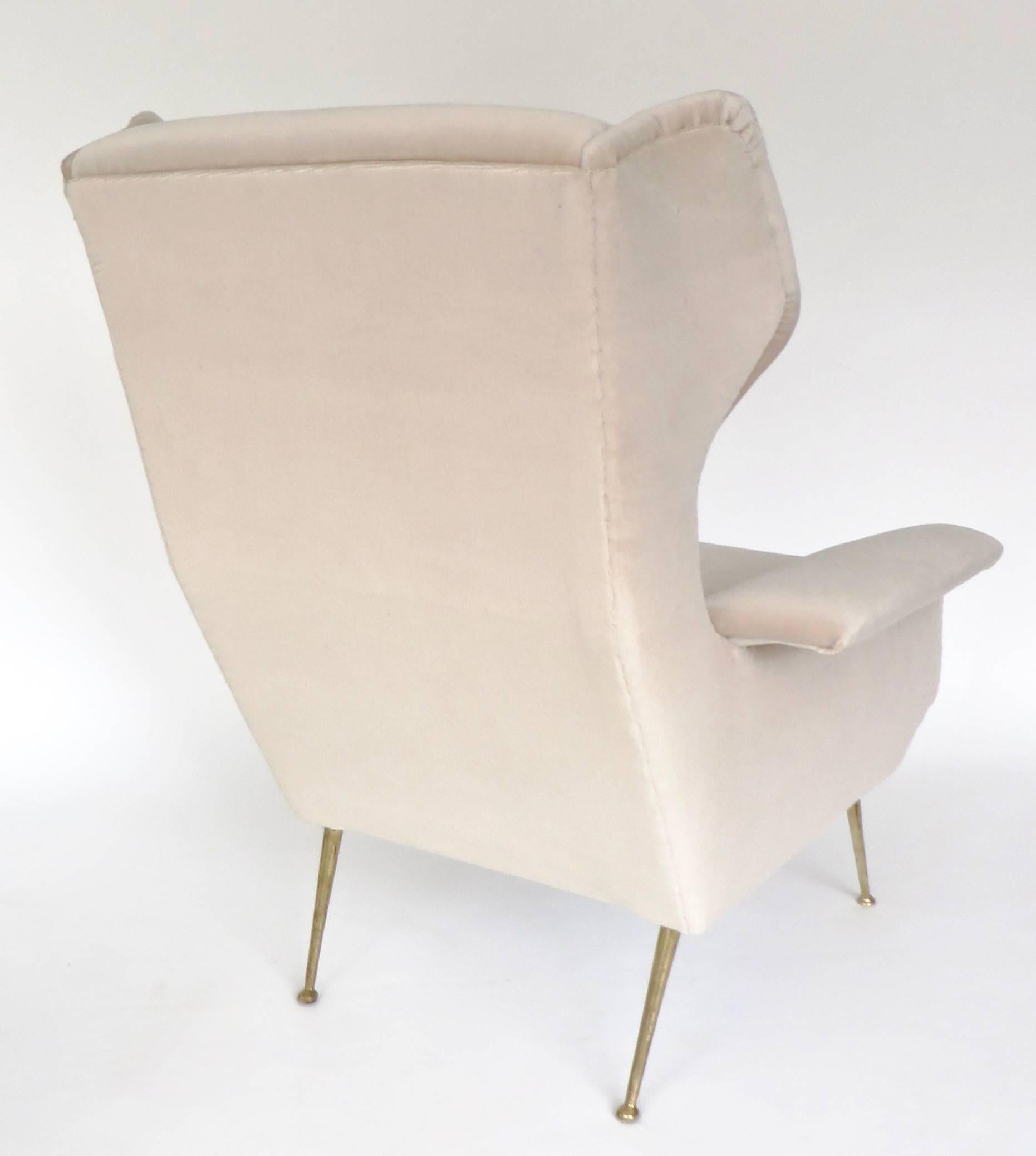 Italian Upholstered Wingback Lounge Chair with Brass Legs and Feet 2