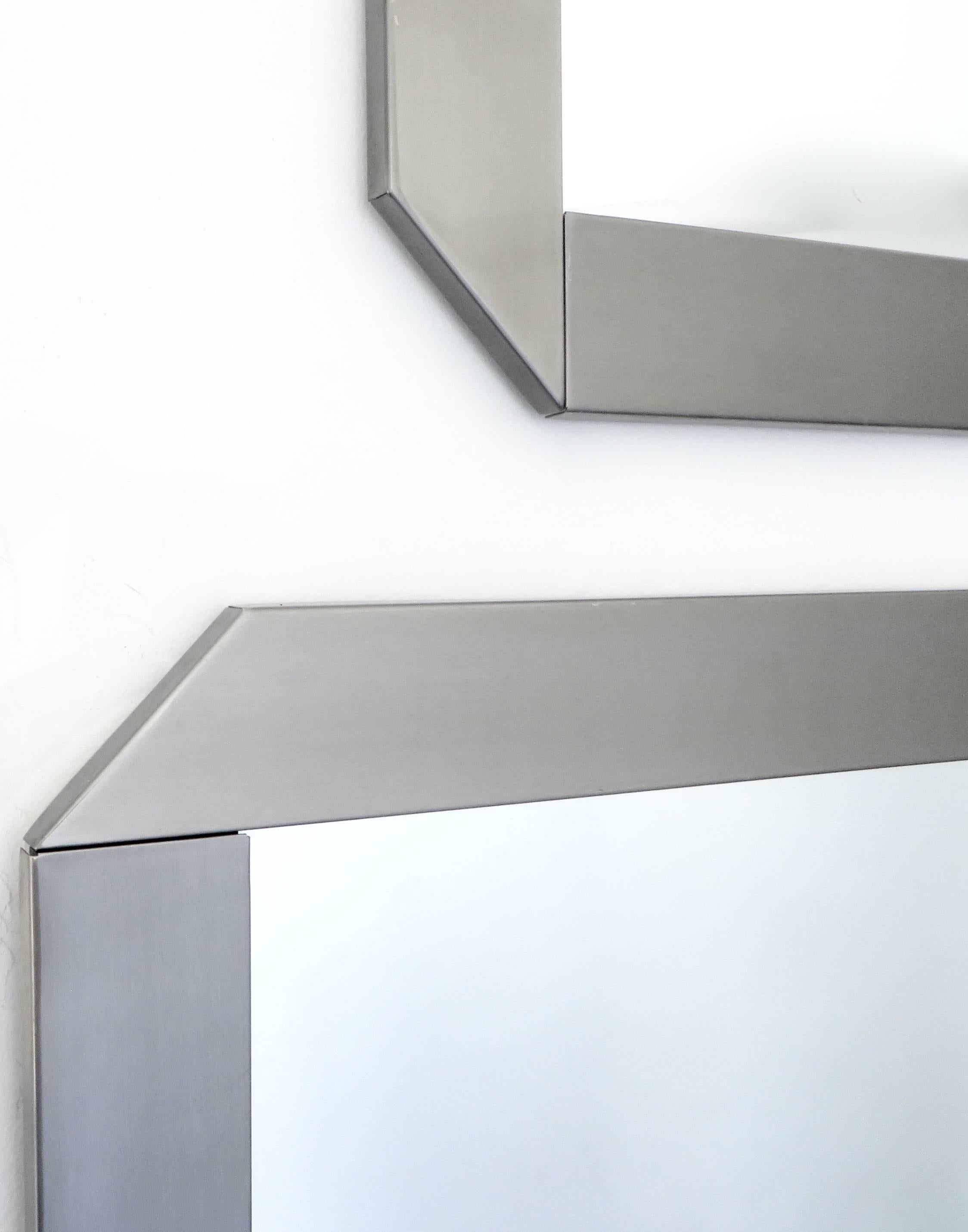 Stainless Steel Pair of Brushed Steel Italian Rectangular Mirrors by Valenti