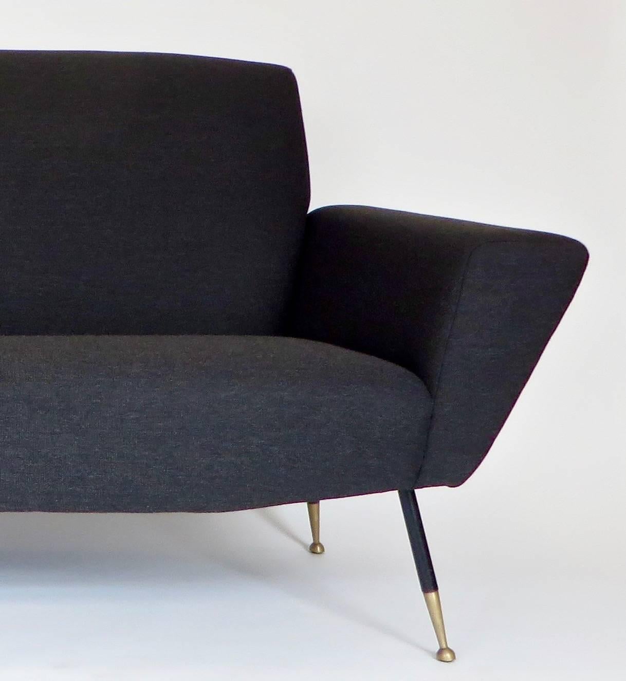 Upholstery Italian Midcentury circa 1950s Settee with Iconic Black and Brass Legs