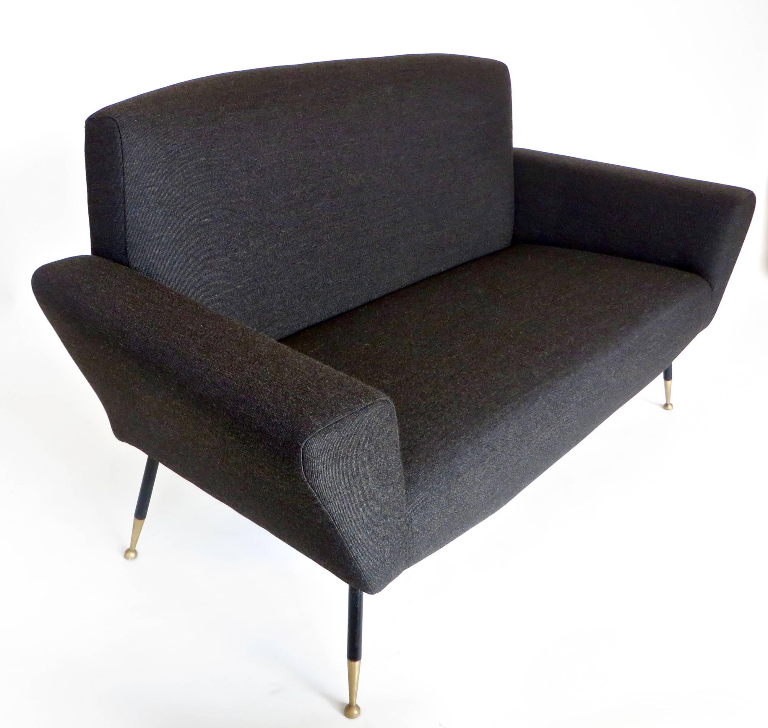 Italian Midcentury circa 1950s Settee with Iconic Black and Brass Legs In Excellent Condition In Chicago, IL