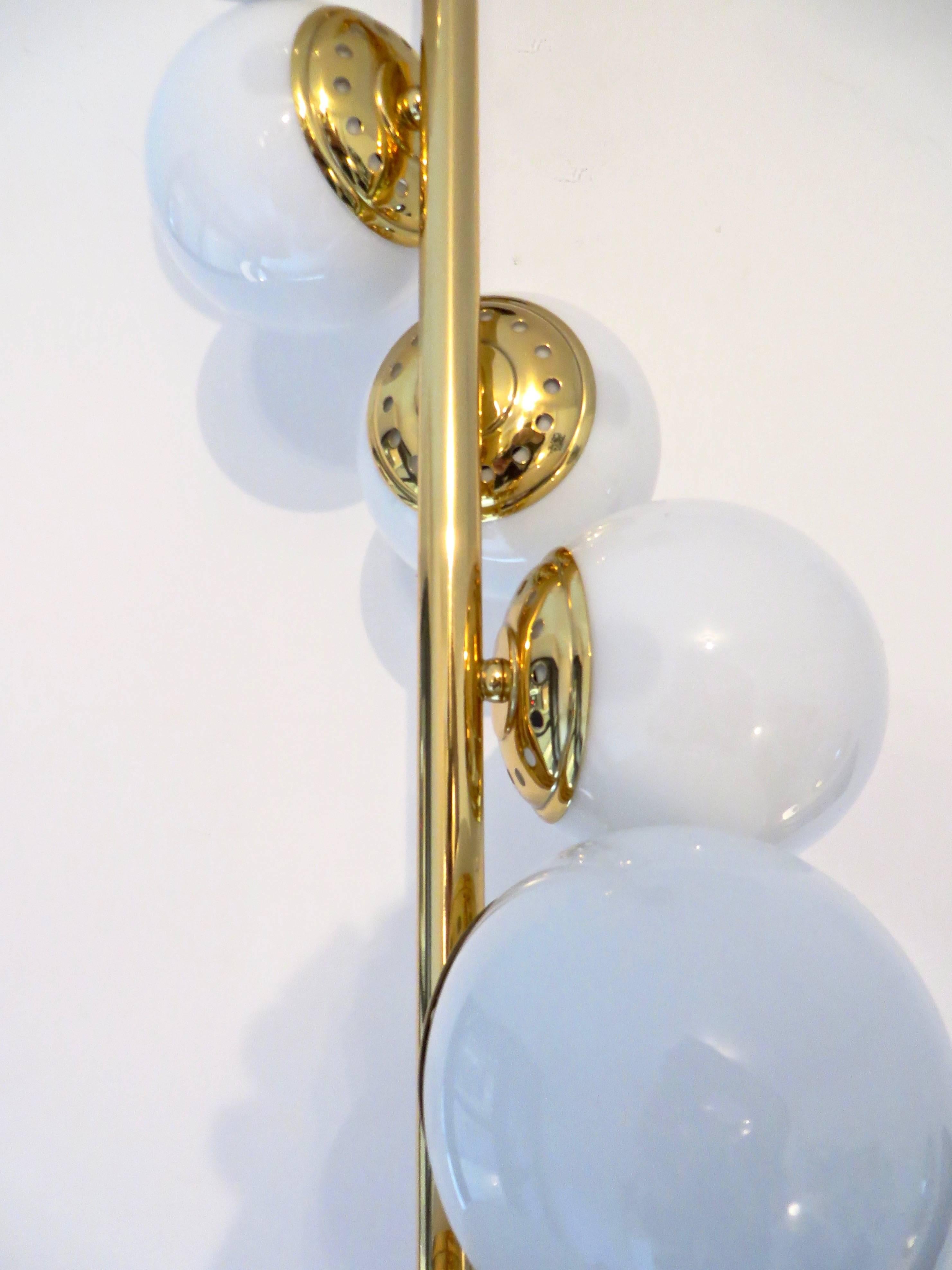 Italian Six-Light Brass and Glass Chandelier with Opaque White Globes, Stilnovo 1