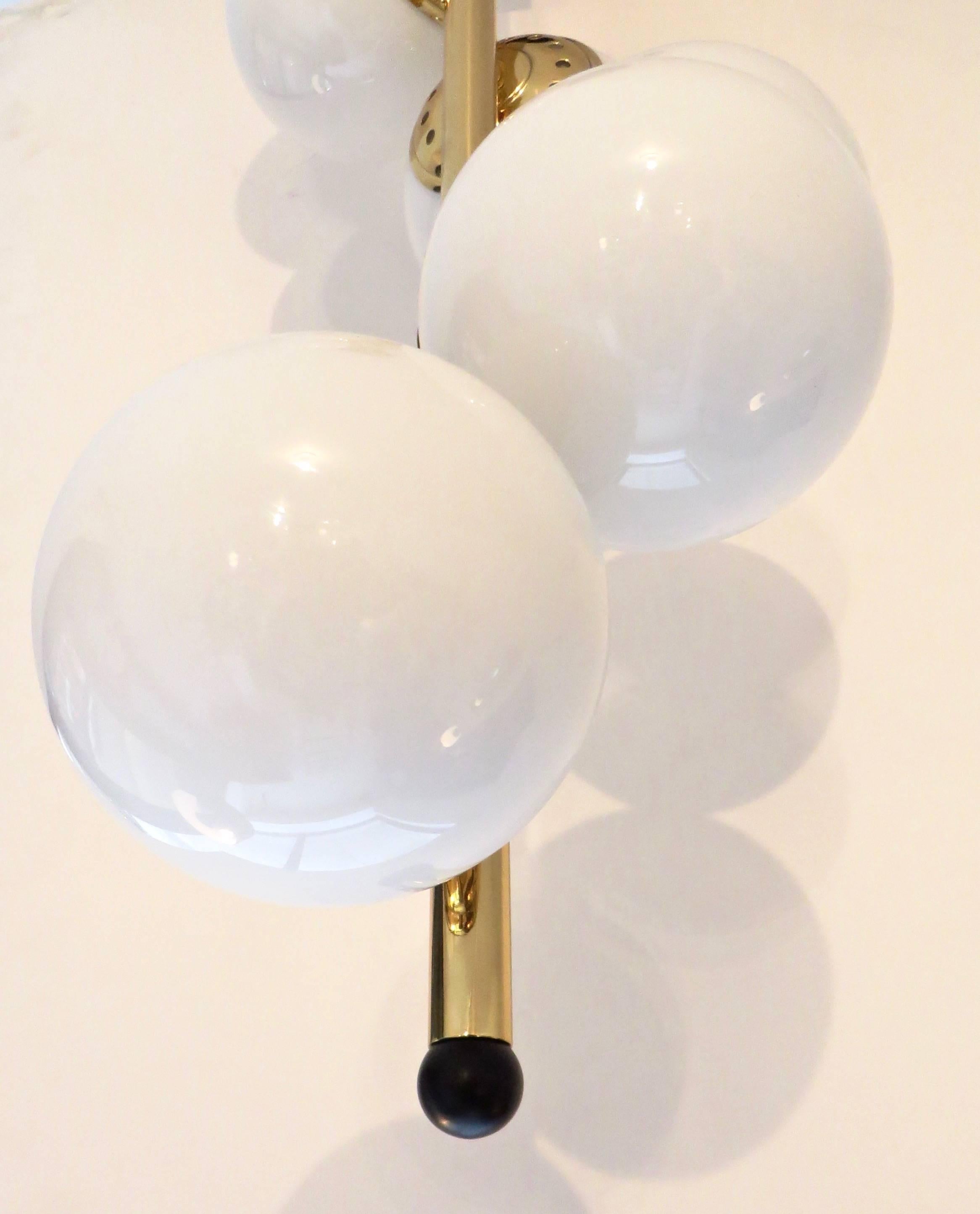 Italian Six-Light Brass and Glass Chandelier with Opaque White Globes, Stilnovo 2