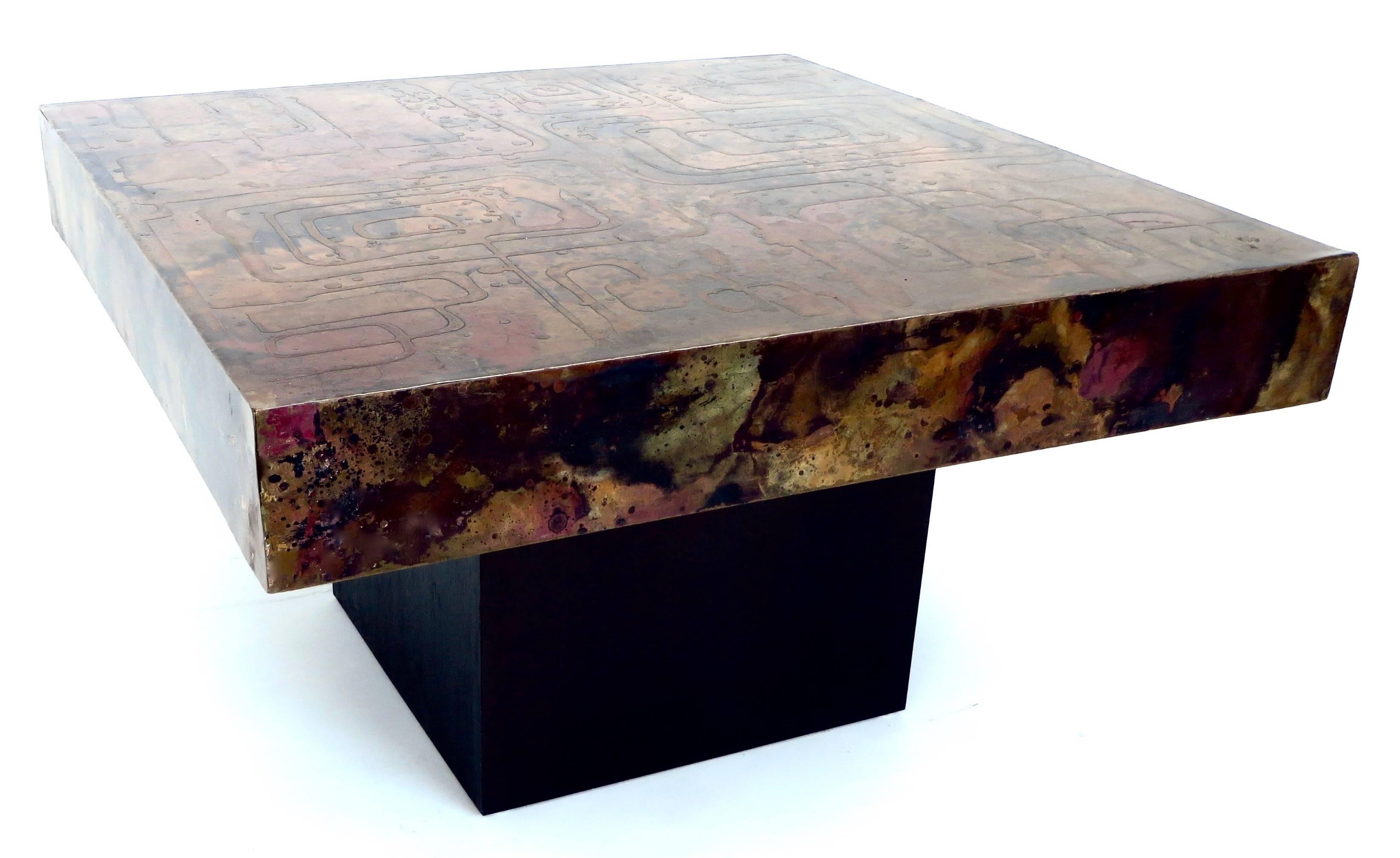 Blackened Poolkes Signed Belgian Coffee or Side Table with Etched Patinated Copper Top  For Sale