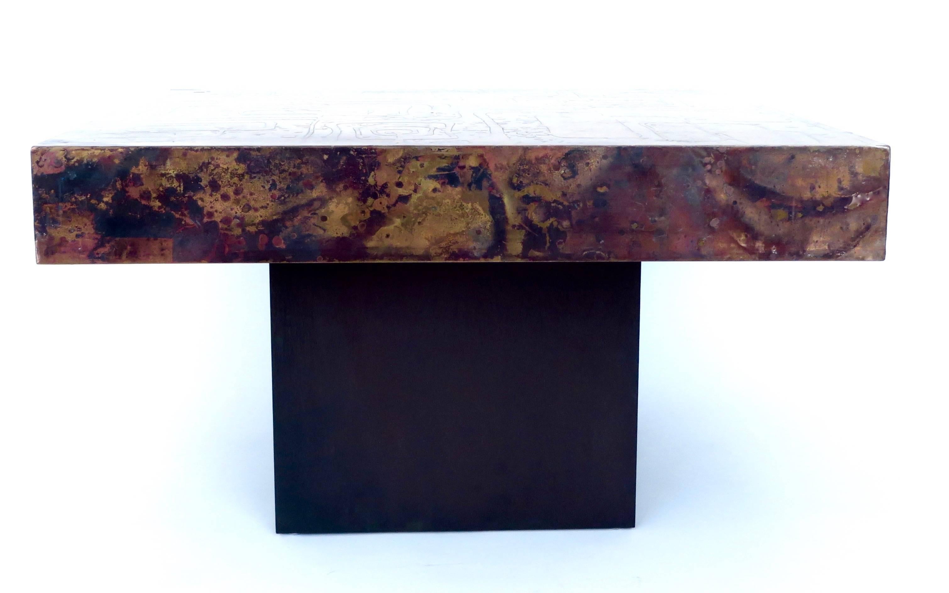 Mid-Century Modern Poolkes Signed Belgian Coffee or Side Table with Etched Patinated Copper Top  For Sale