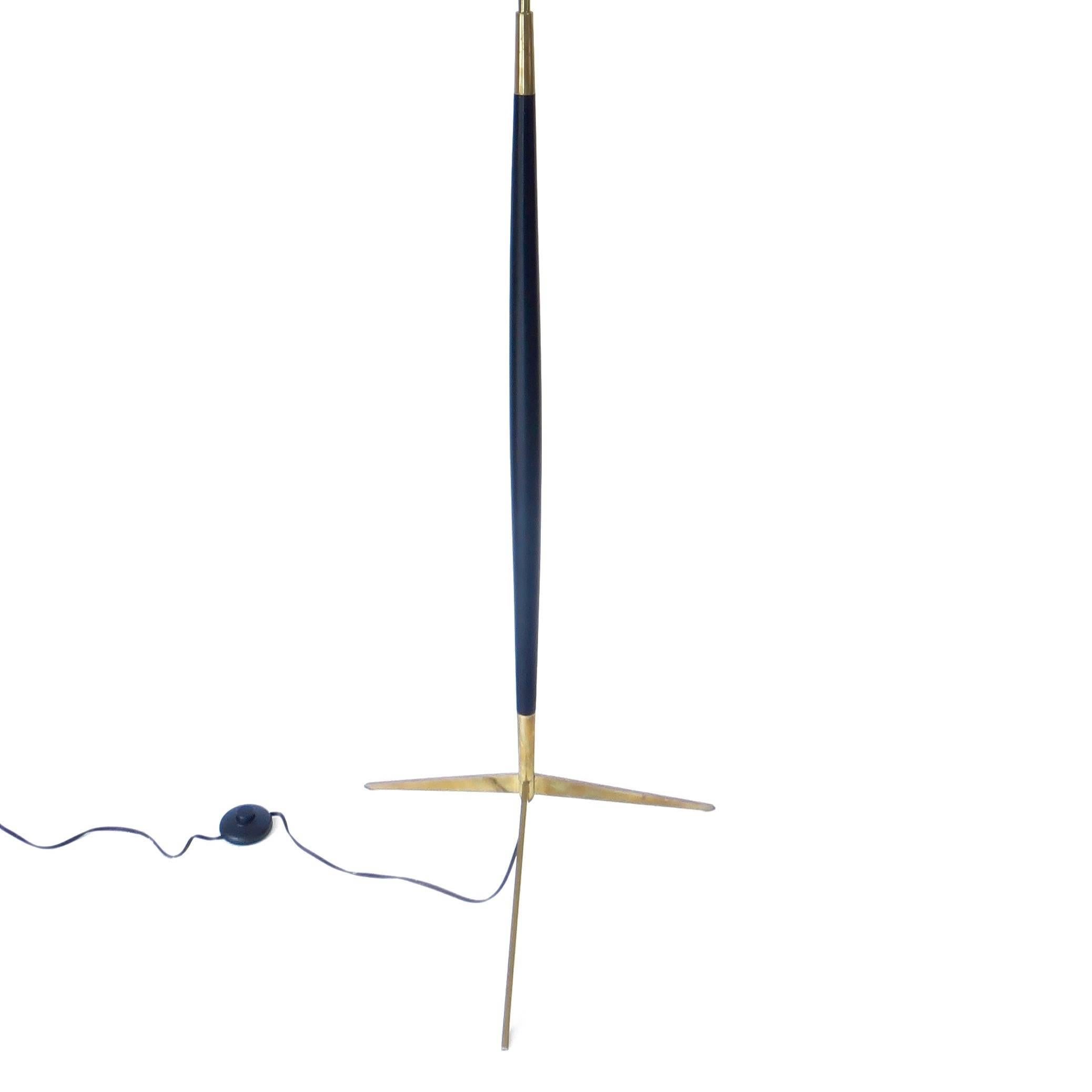 Mid-20th Century French Brass and Black Lacquered Wood Floor Lamp by Lunel