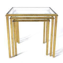 Set of Three French Gold Leaf Iron Nesting Tables by Roger Thinner Circa 1960