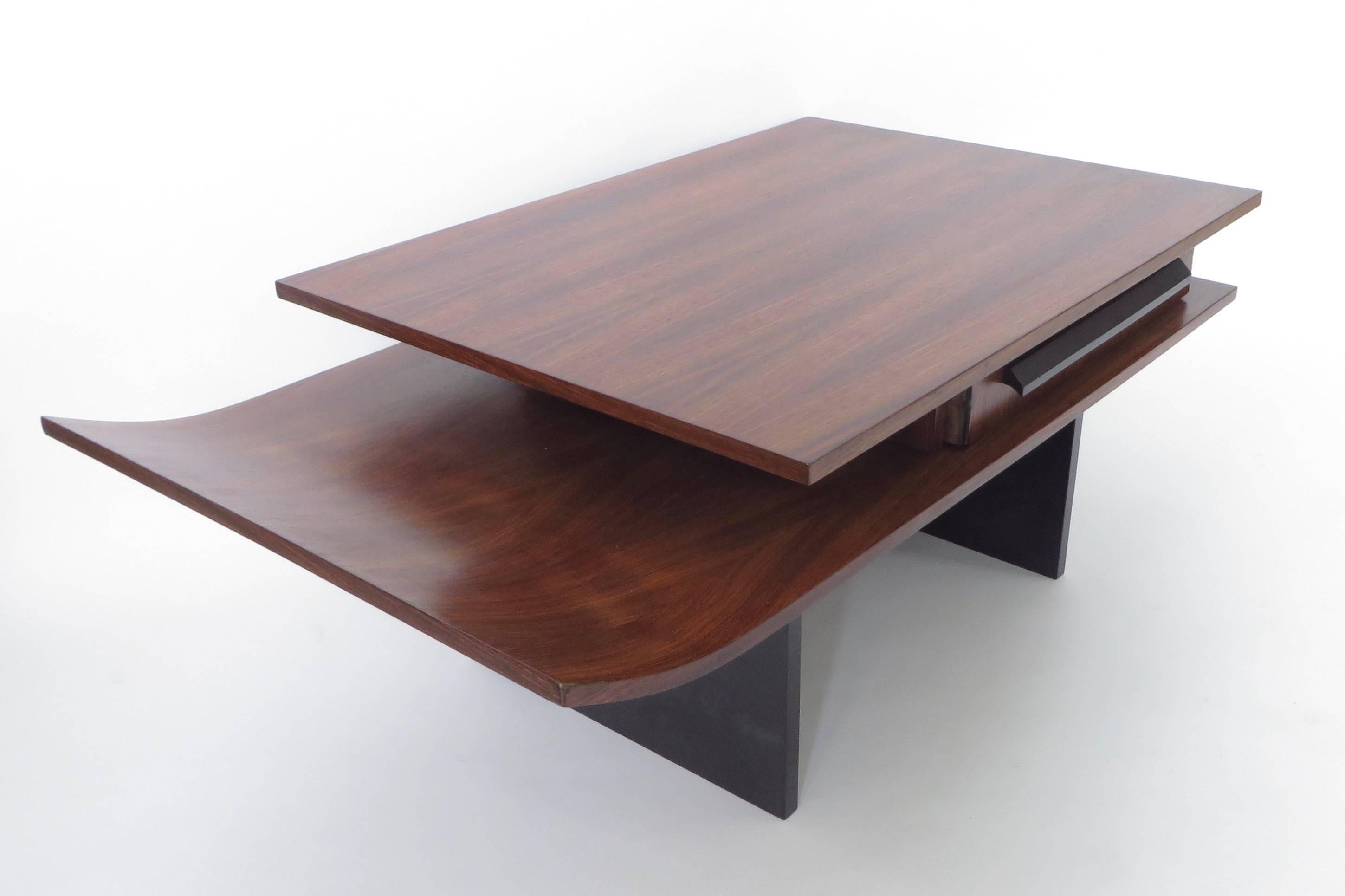 Italian Two-Level Rosewood Coffee Table with One Drawer on Black Laminate Base 1
