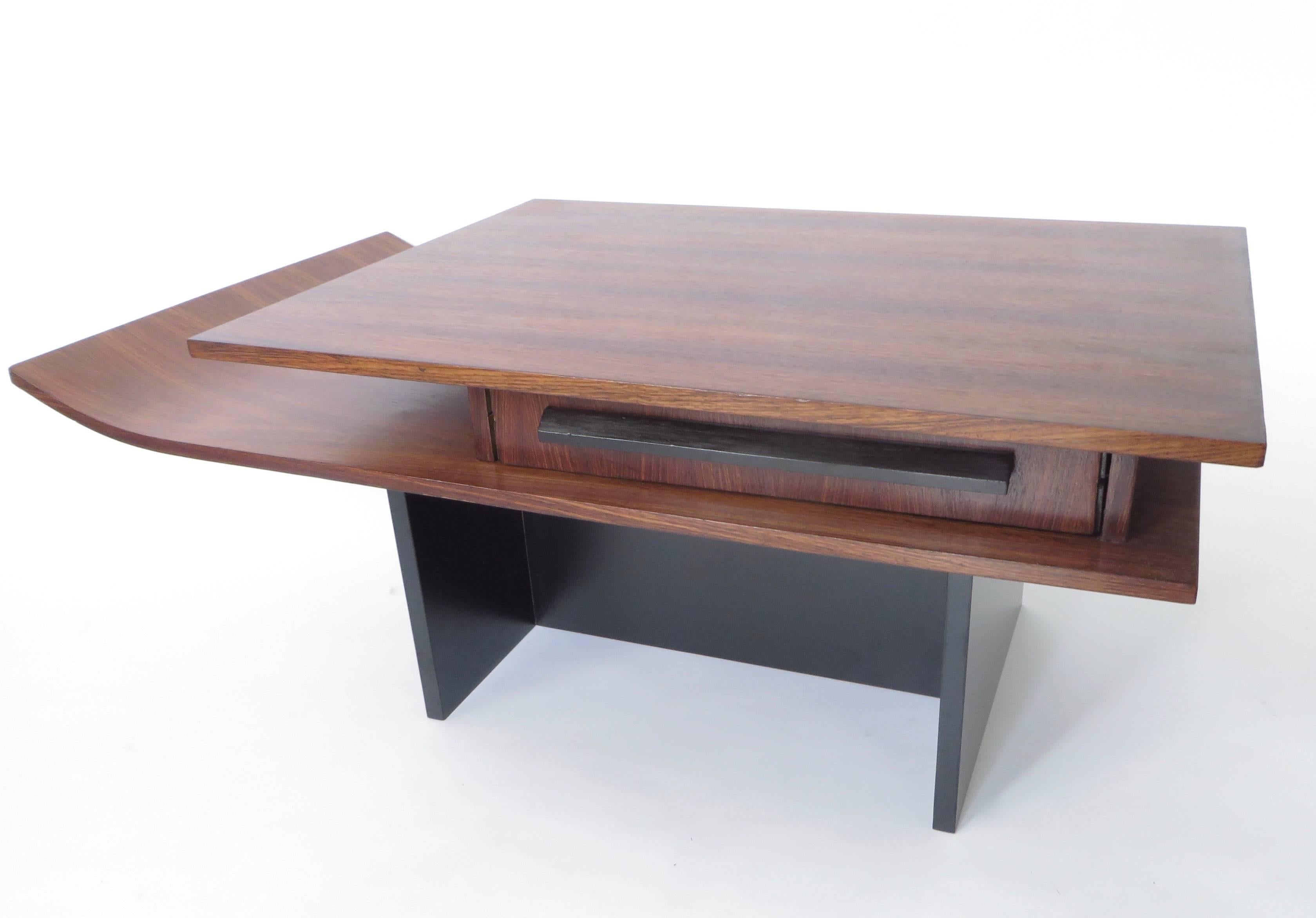 Mid-20th Century Italian Two-Level Rosewood Coffee Table with One Drawer on Black Laminate Base