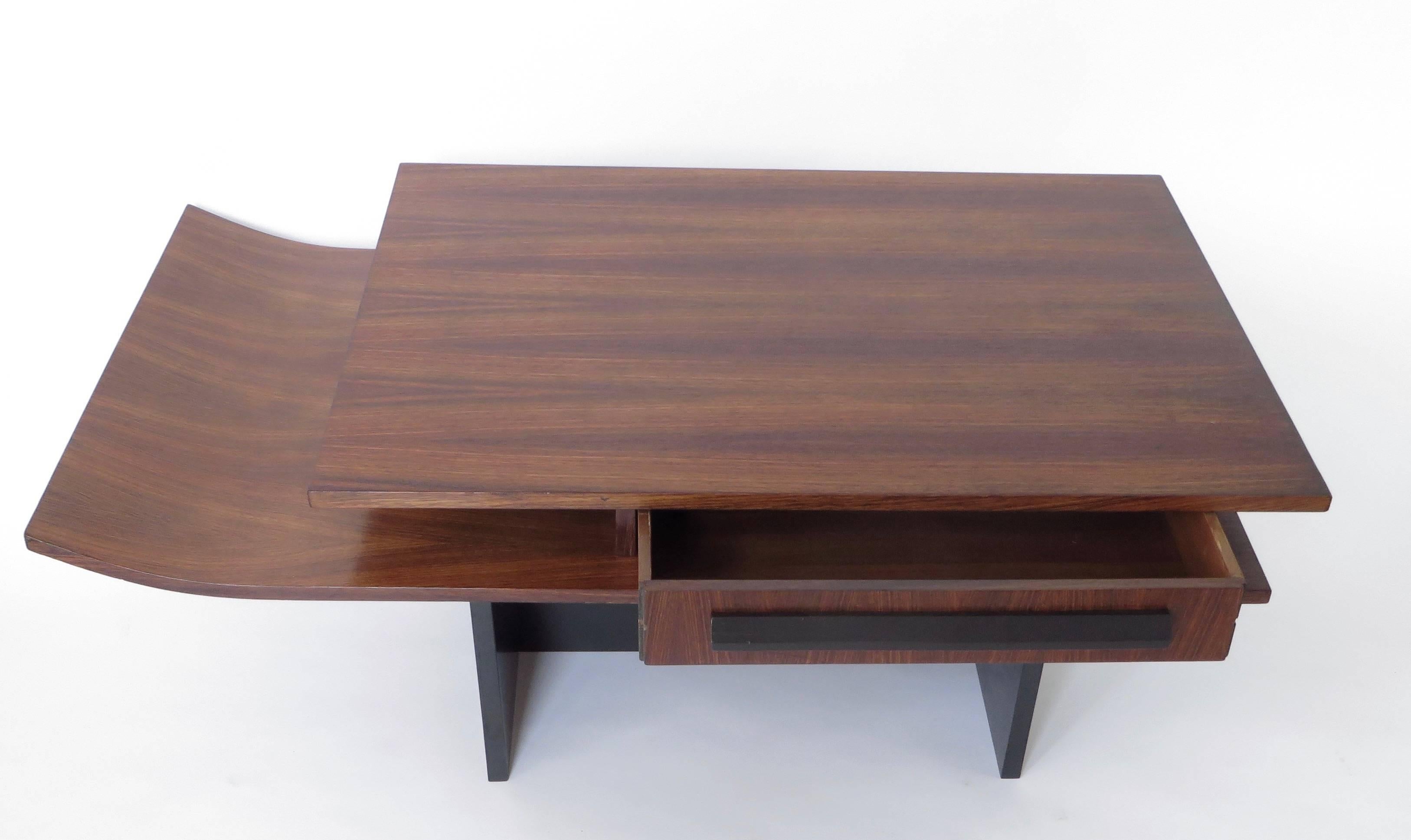 Mid-Century Modern Italian Two-Level Rosewood Coffee Table with One Drawer on Black Laminate Base
