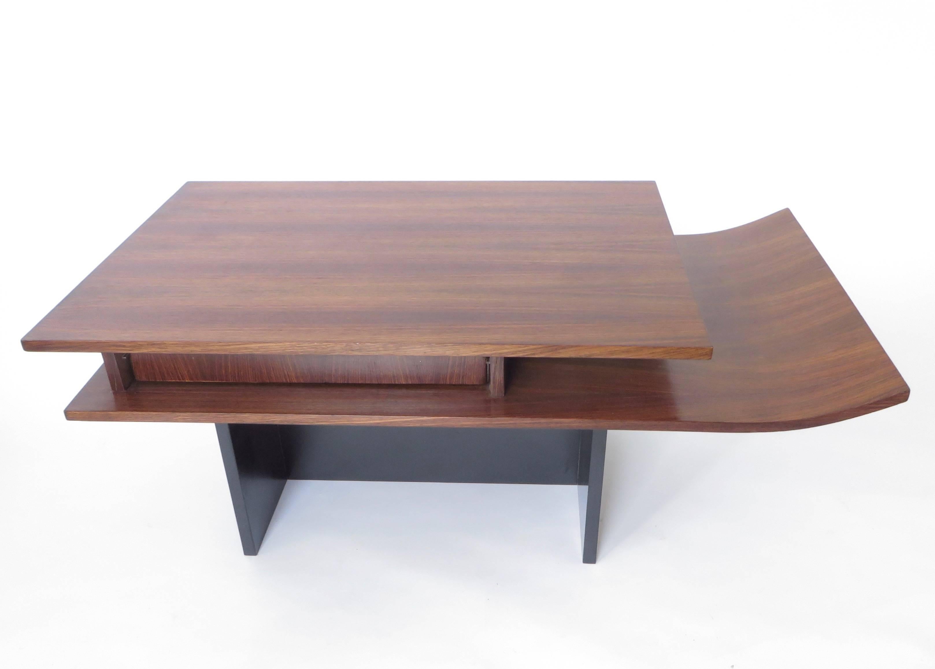 Italian Two-Level Rosewood Coffee Table with One Drawer on Black Laminate Base In Good Condition In Chicago, IL