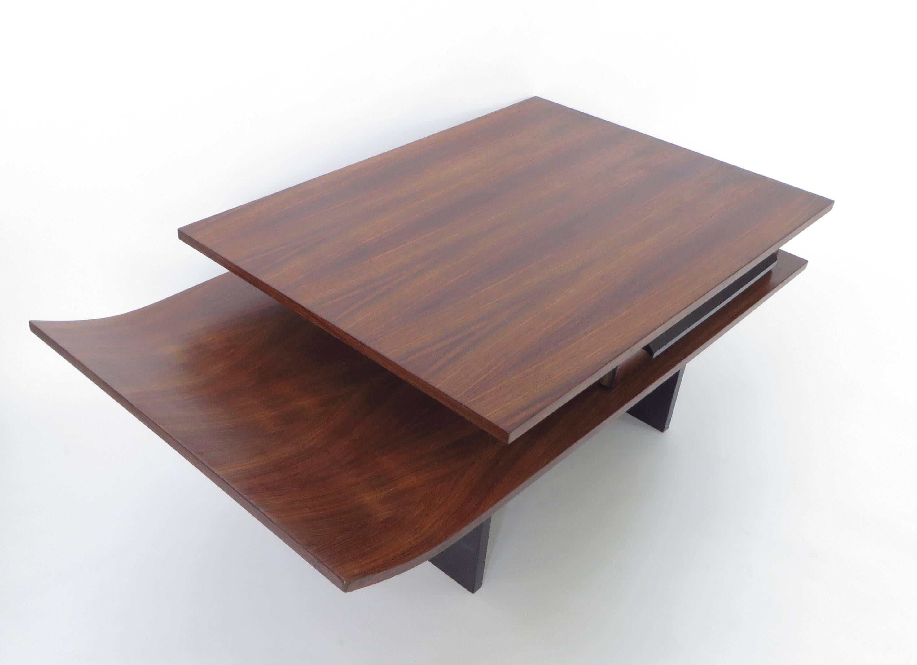 Italian Two-Level Rosewood Coffee Table with One Drawer on Black Laminate Base 2