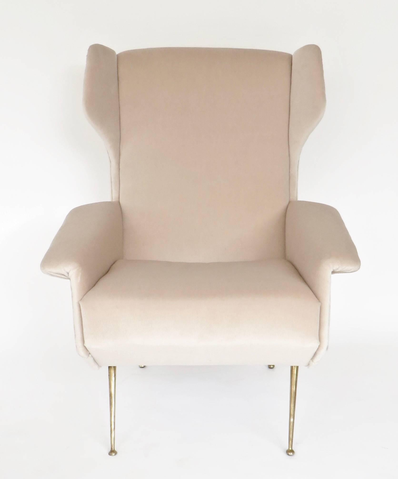 Mid-Century Modern Italian Upholstered Wingback Lounge Chair with Brass Legs and Feet