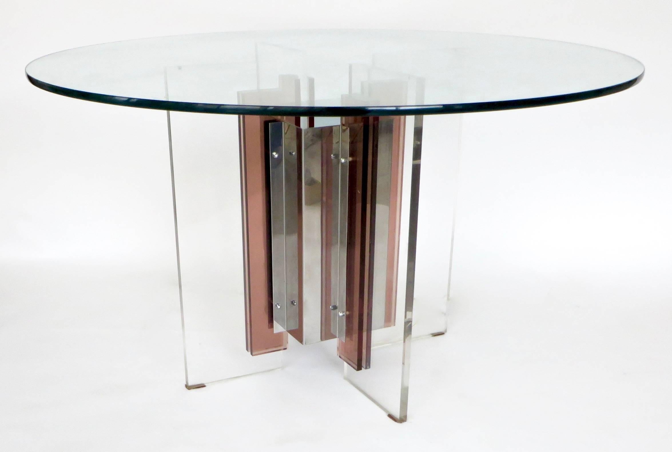 French dining or center table by the French Designer Philippe-Jean, signed P Jean on the stainless steel.
Shown by Galerie Eric and Xiane Germain, Paris, circa 1970.
The galerie edited and showed various important French artists from the 1970s such